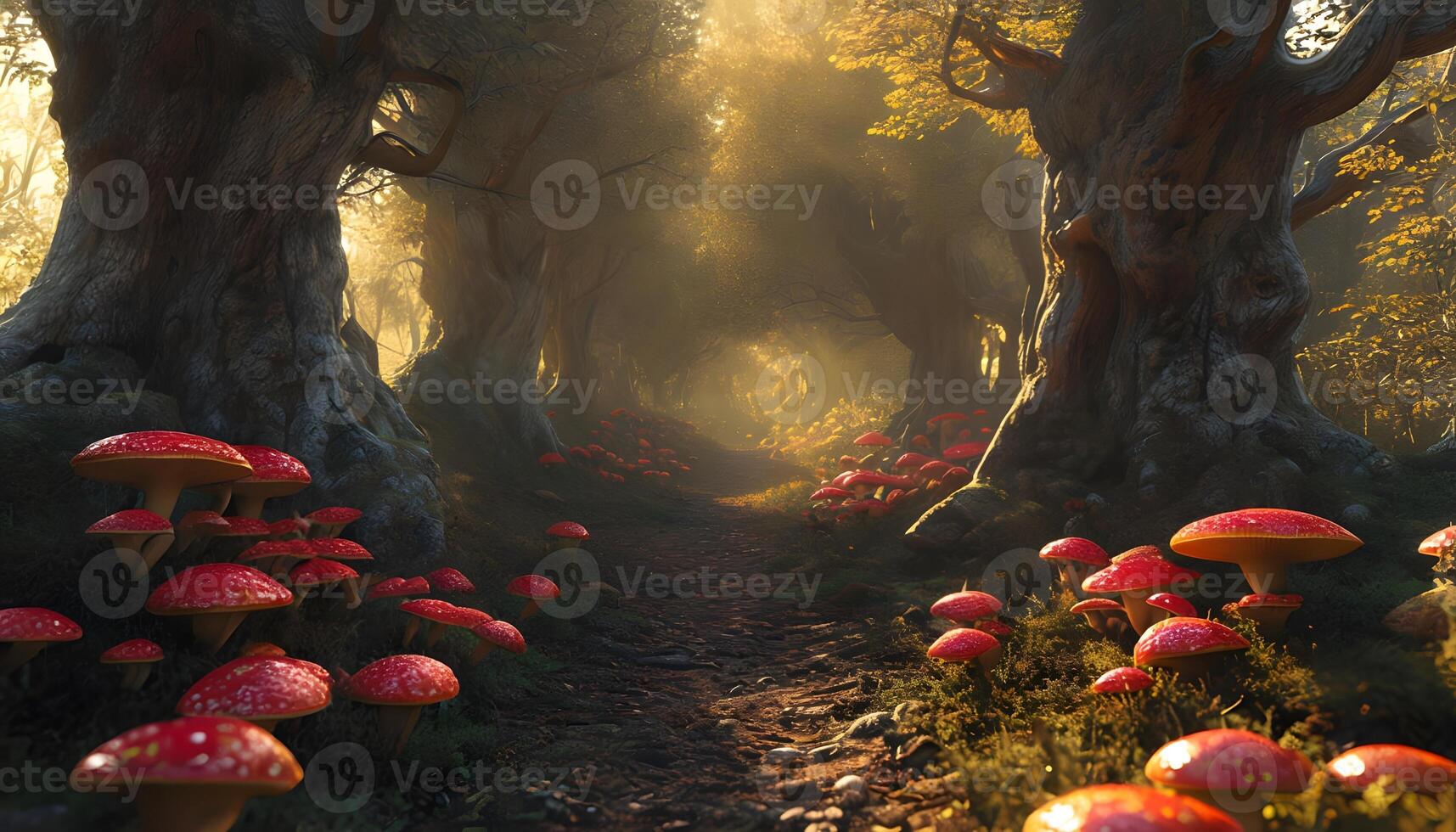 A path through a forest with mushrooms growing on the trees photo