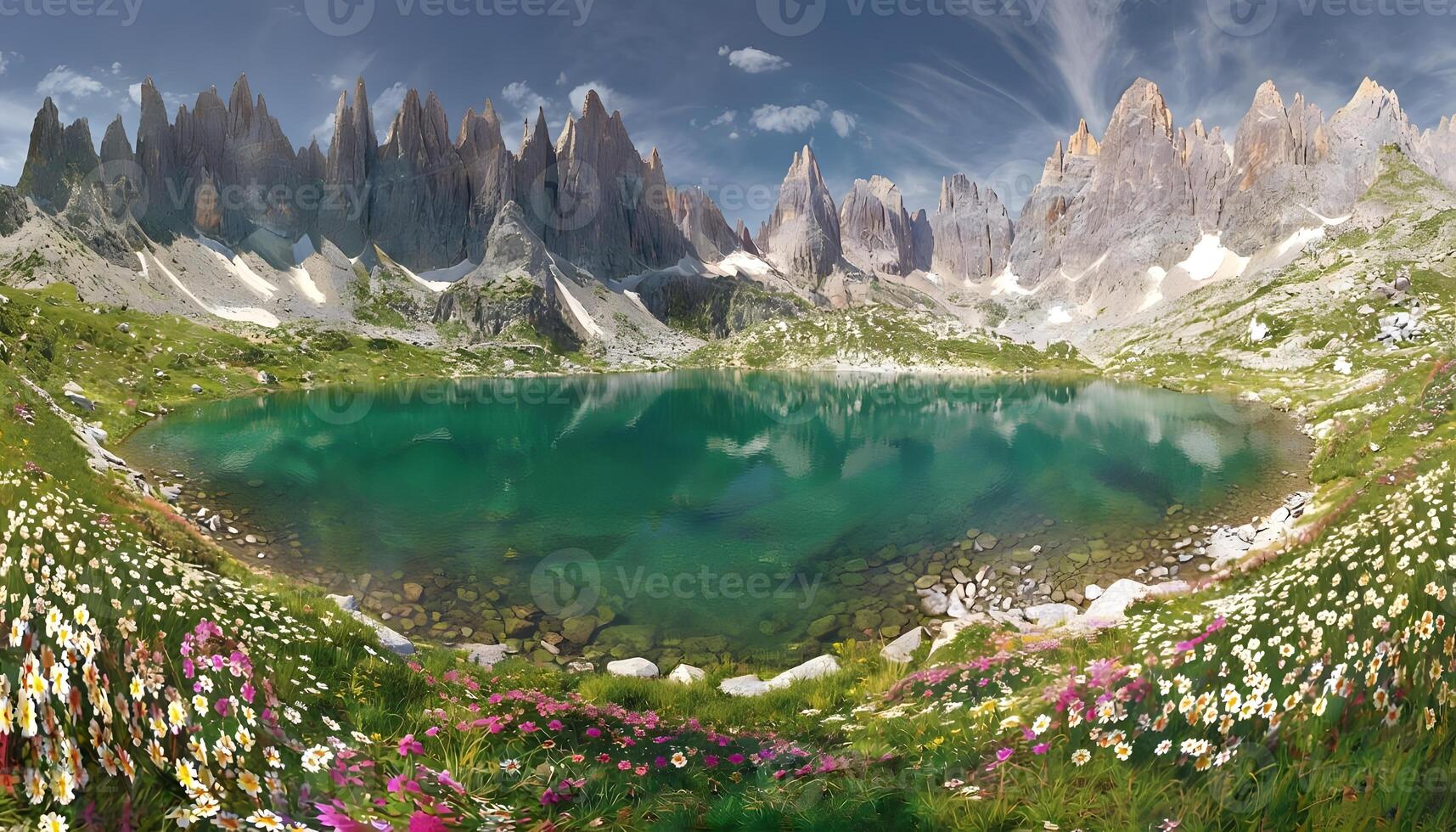 A beautiful lake surrounded by mountains and flowers photo
