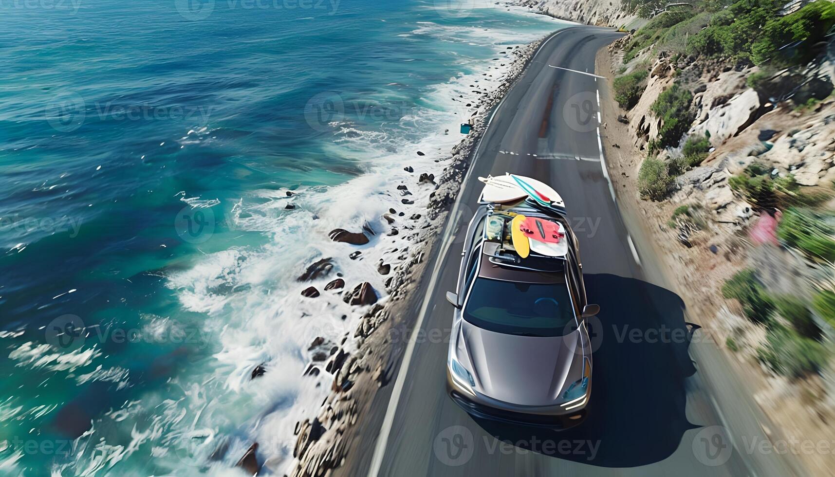 A car driving on the road near the ocean photo