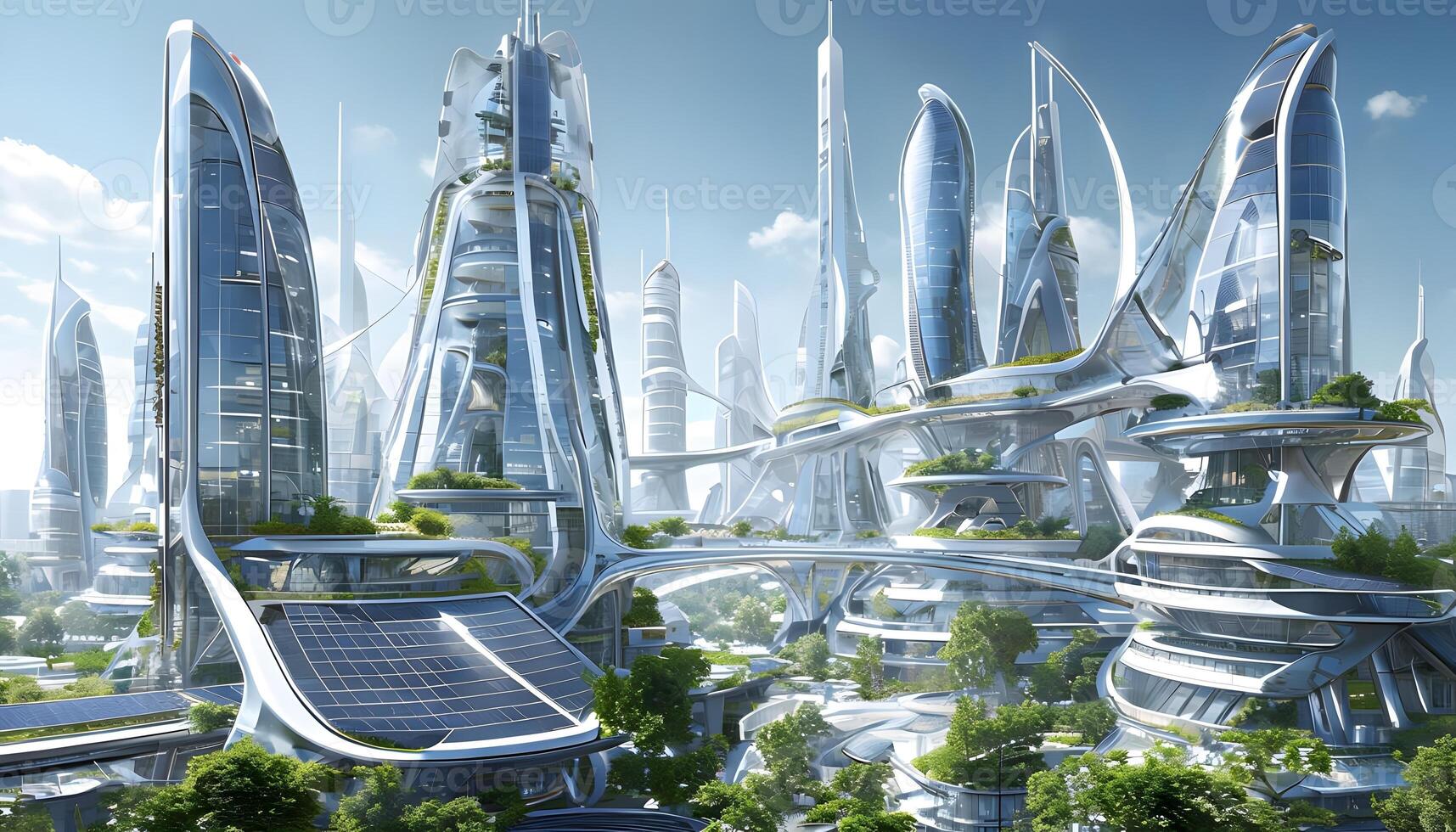 Futuristic city with lots of buildings and trees photo