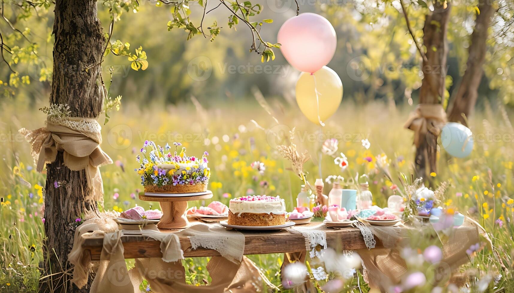 A table with a cake and balloons in a field photo