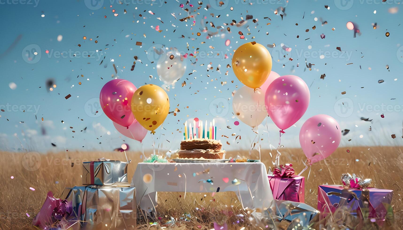 Birthday cake with candles and confetti in a field photo
