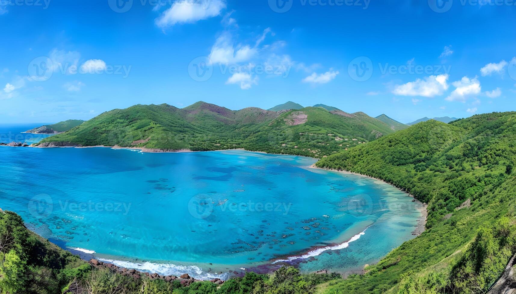 A view of the ocean and mountains from a high vantage point photo