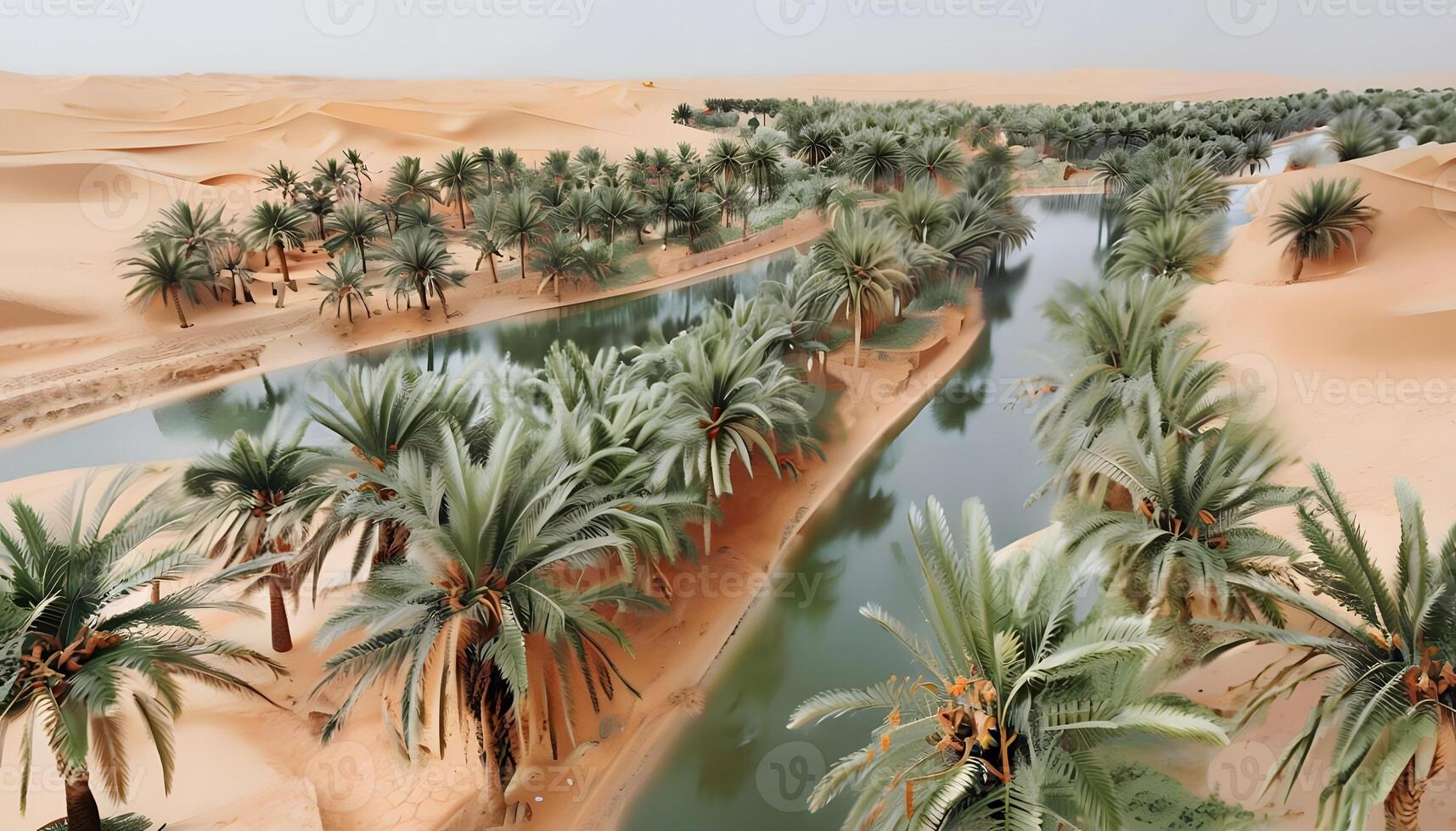 A river runs through a desert with palm trees photo