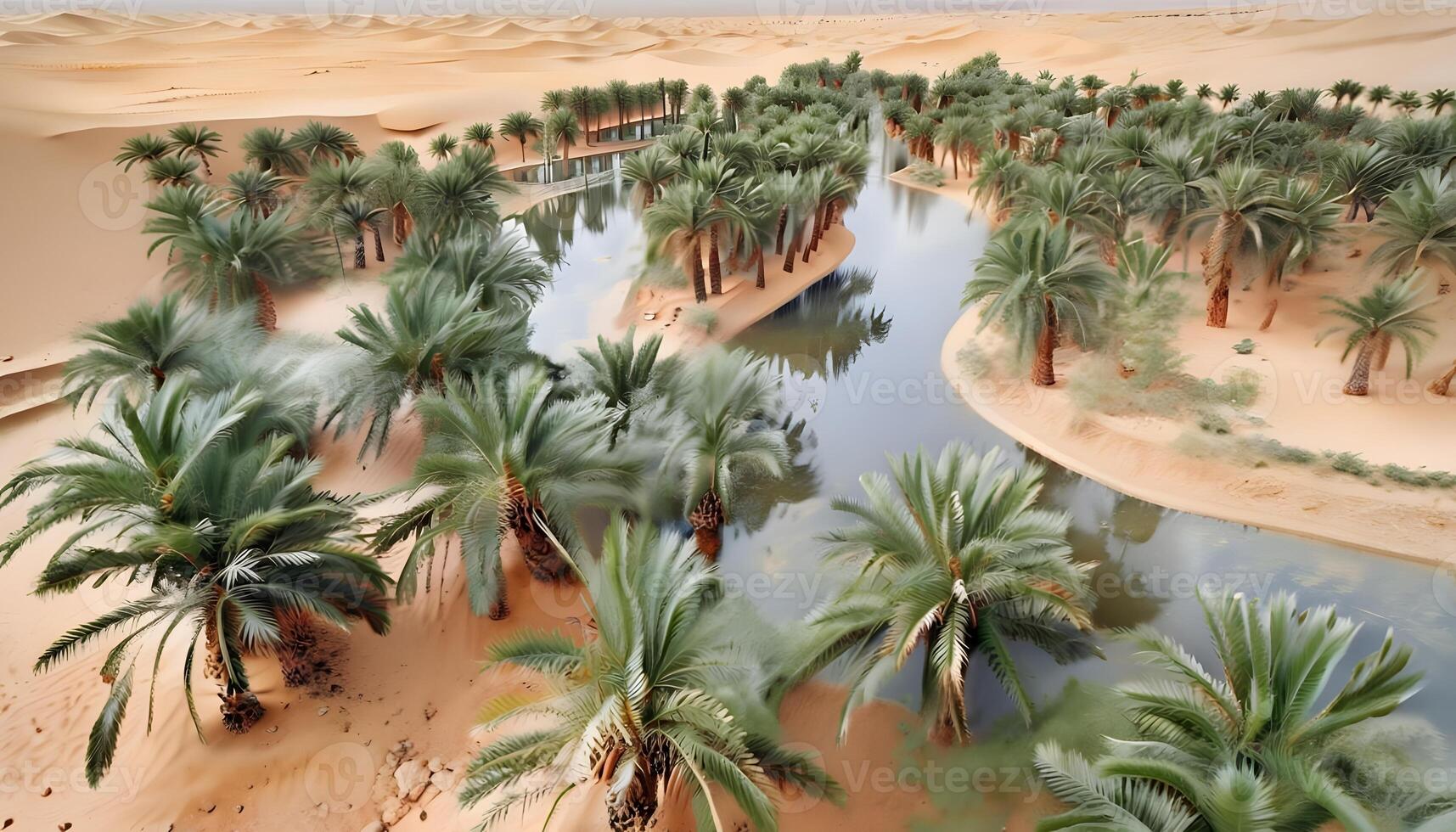 A desert landscape with palm trees and water photo