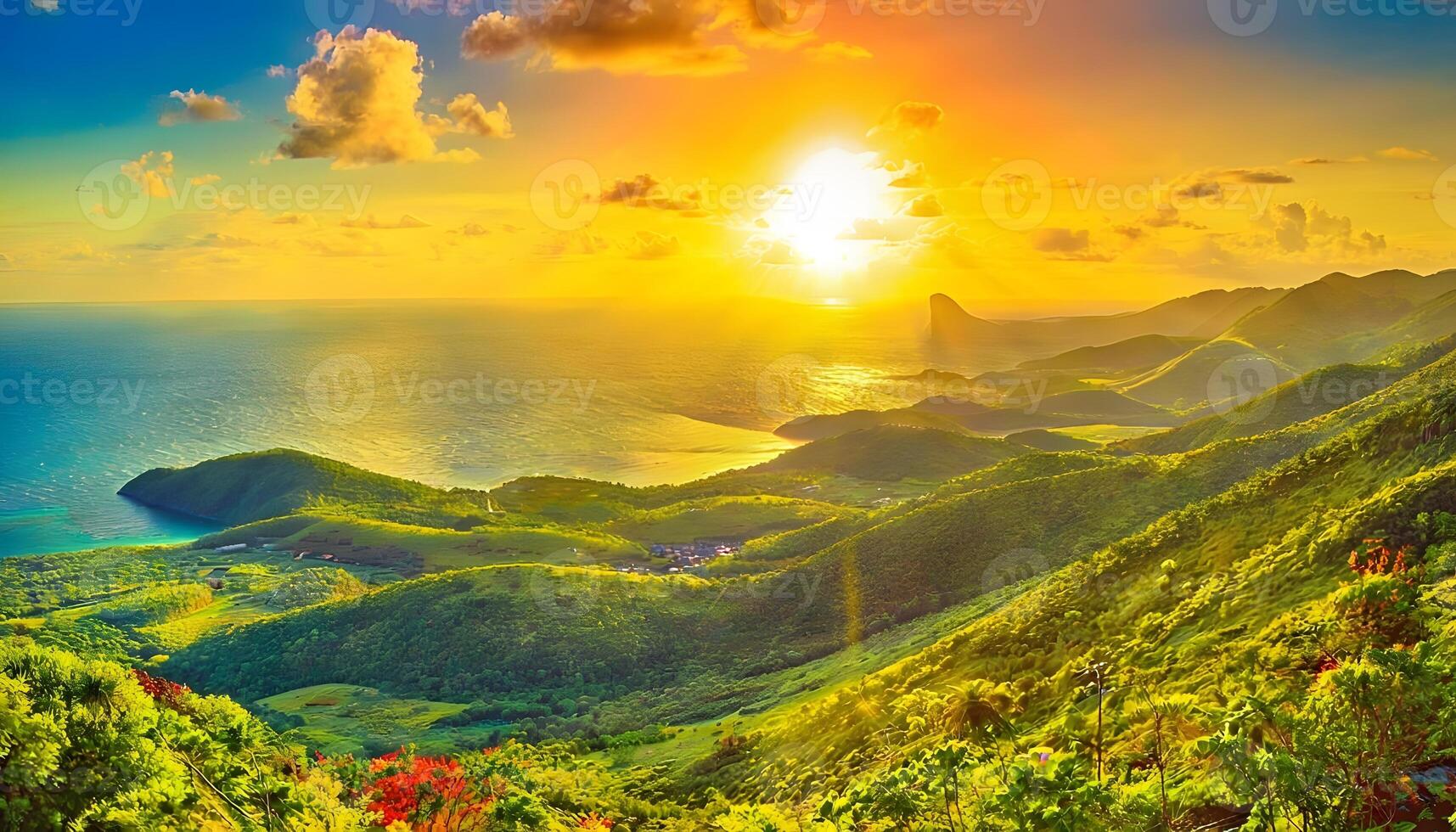 The sun sets over a mountain range with green vegetation photo