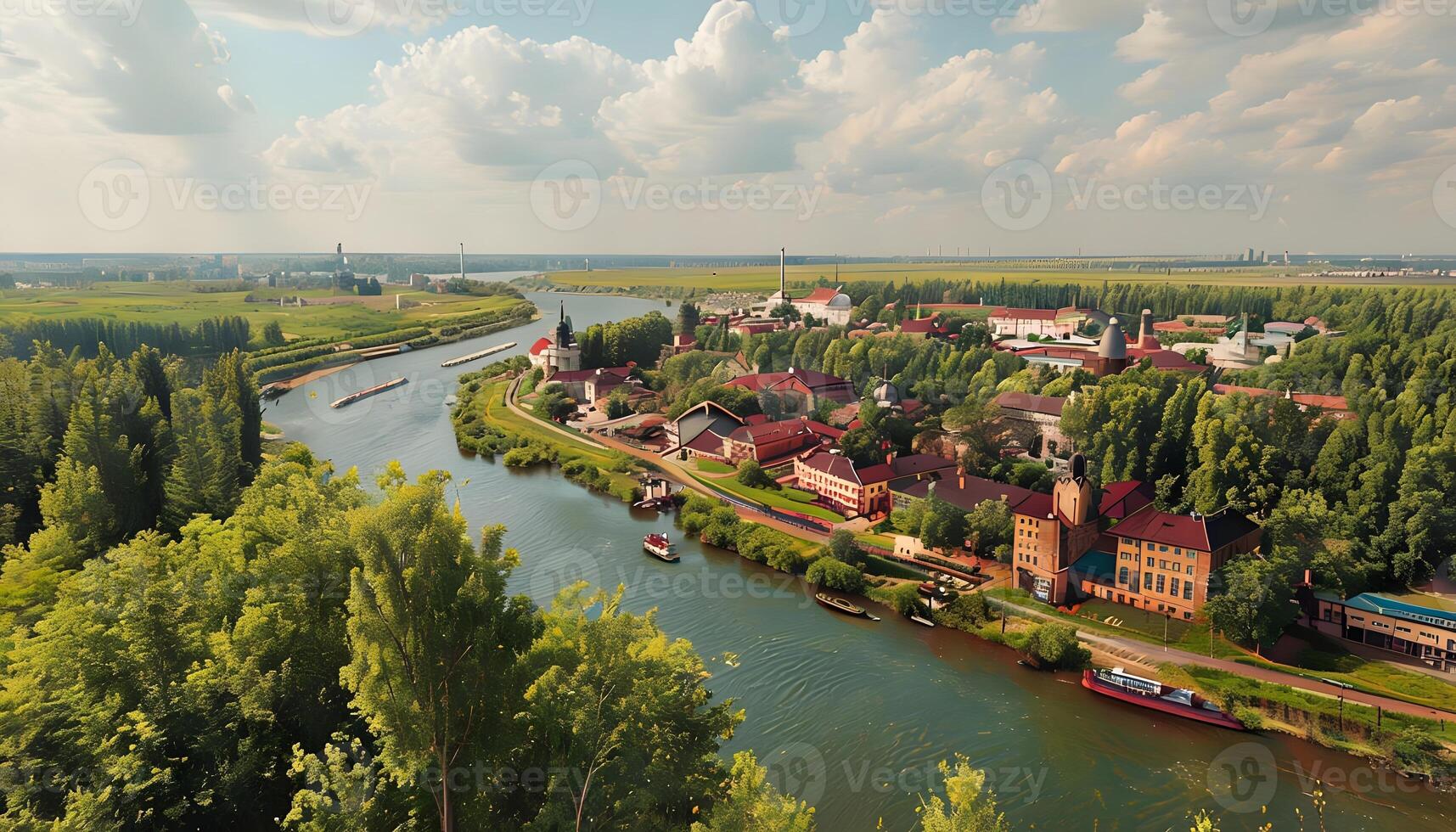 A river flowing through a town surrounded by trees photo