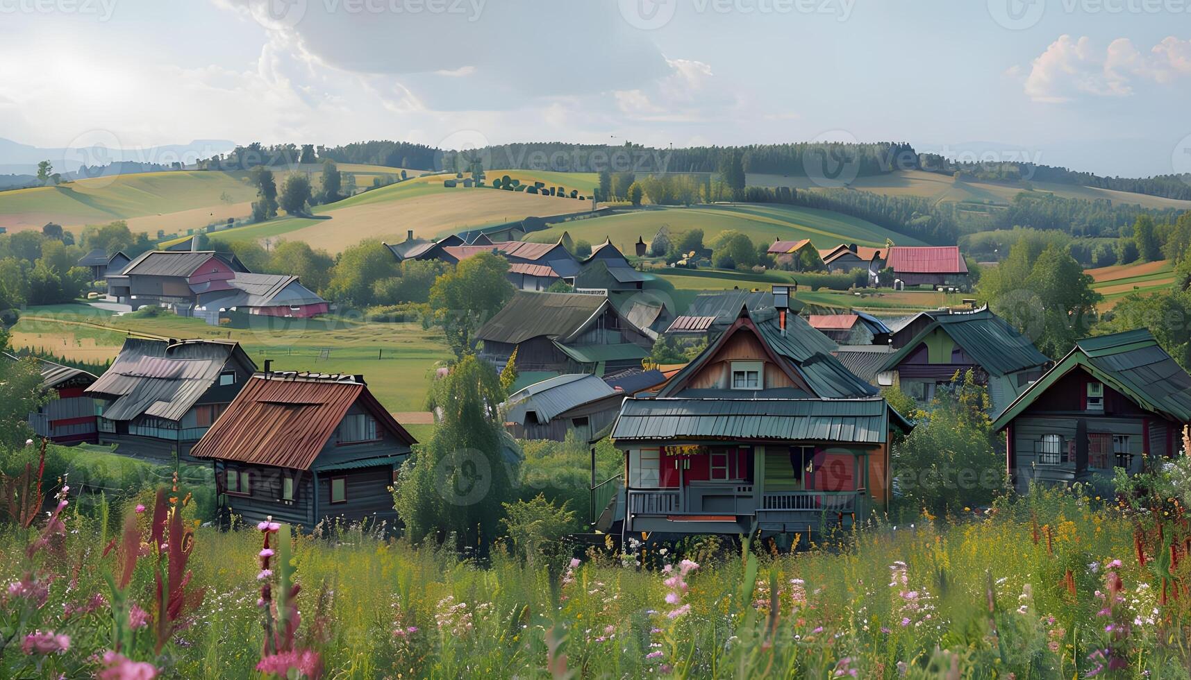 A painting of a village with a lot of houses photo
