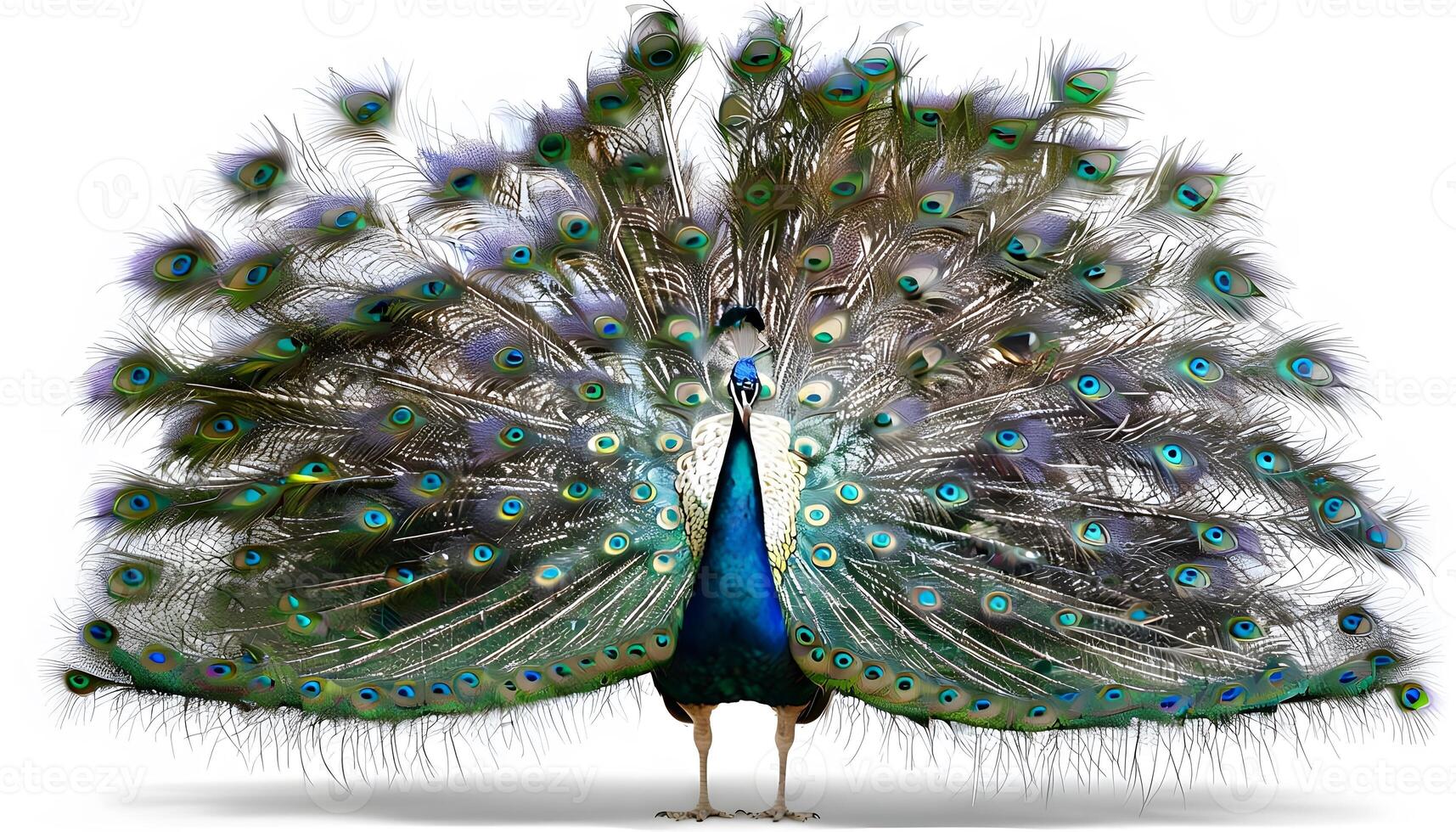 A peacock is standing with its tail spread out photo