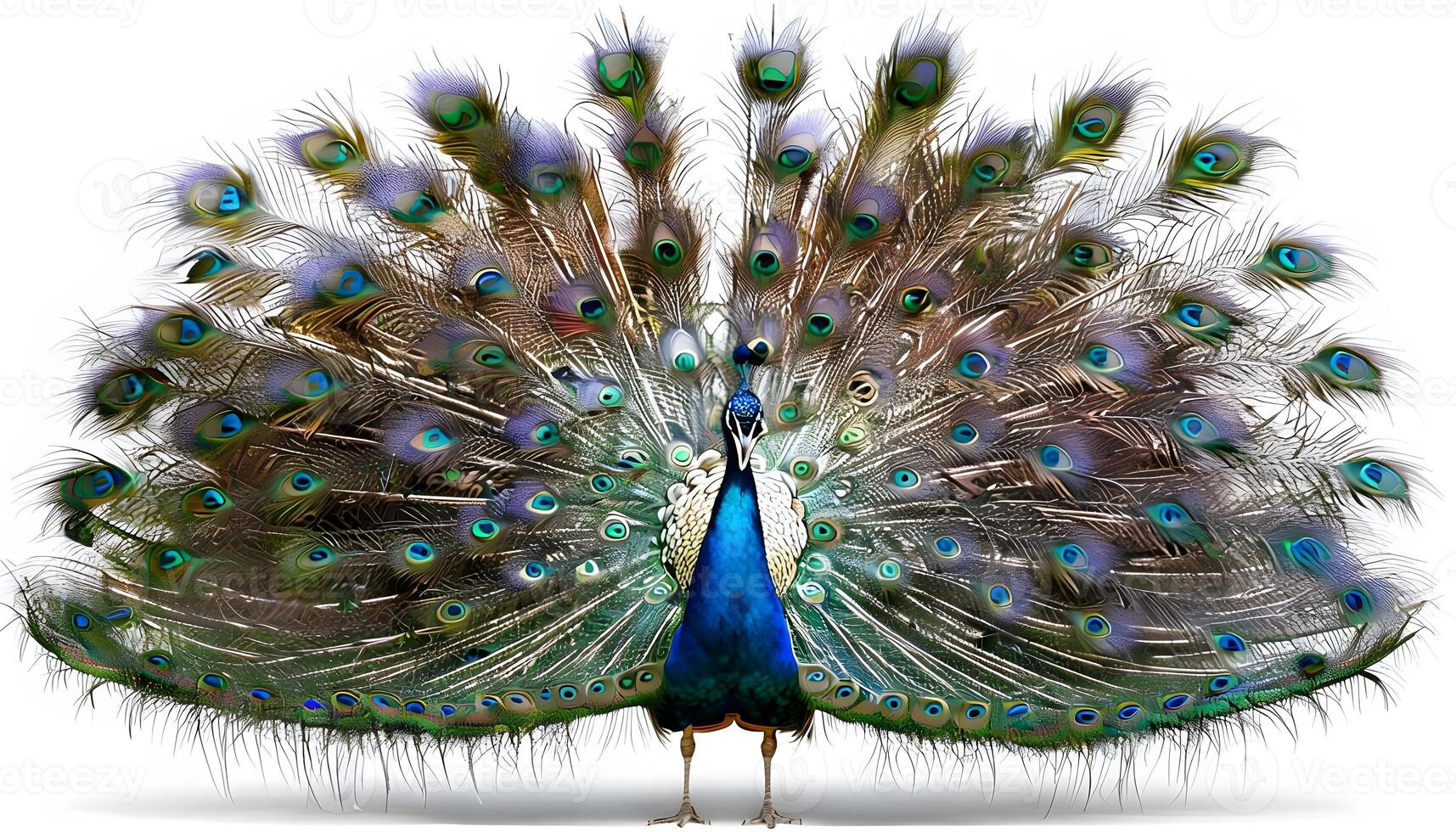 A peacock is standing with its tail spread out photo