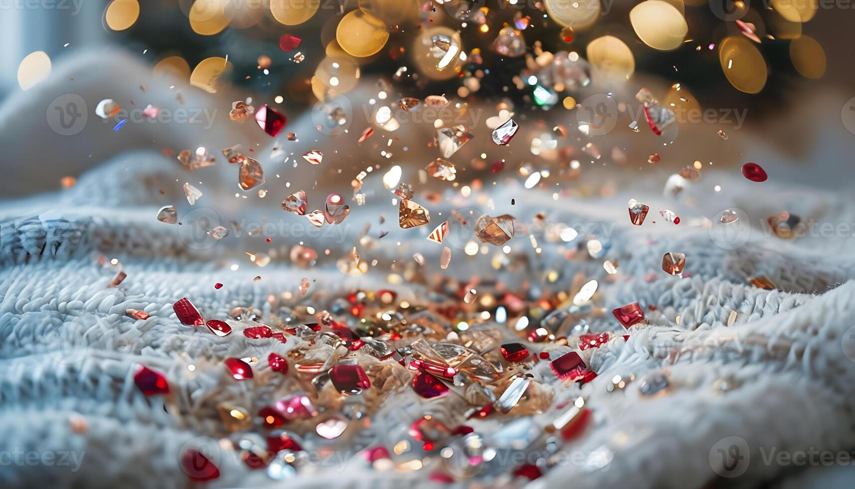A pile of red and gold confetti on a blanket photo