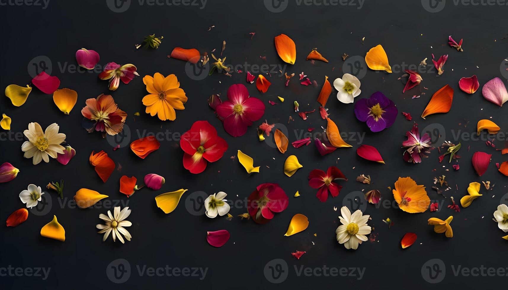 A large group of flowers are arranged on a black background photo