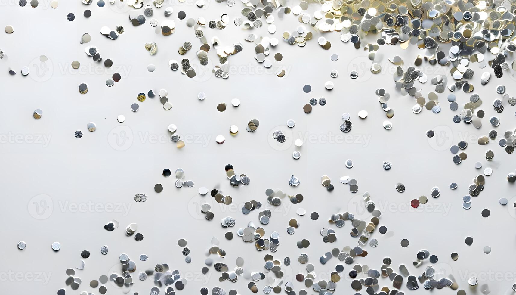A large group of silver confetti falling from the ceiling photo
