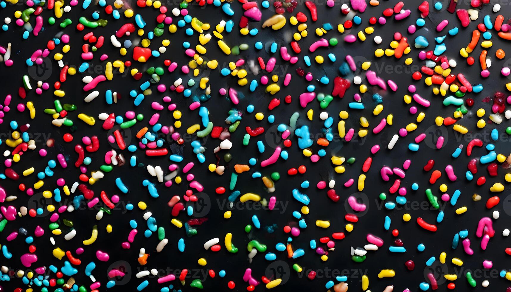 A large group of colorful sprinkles on a black surface photo