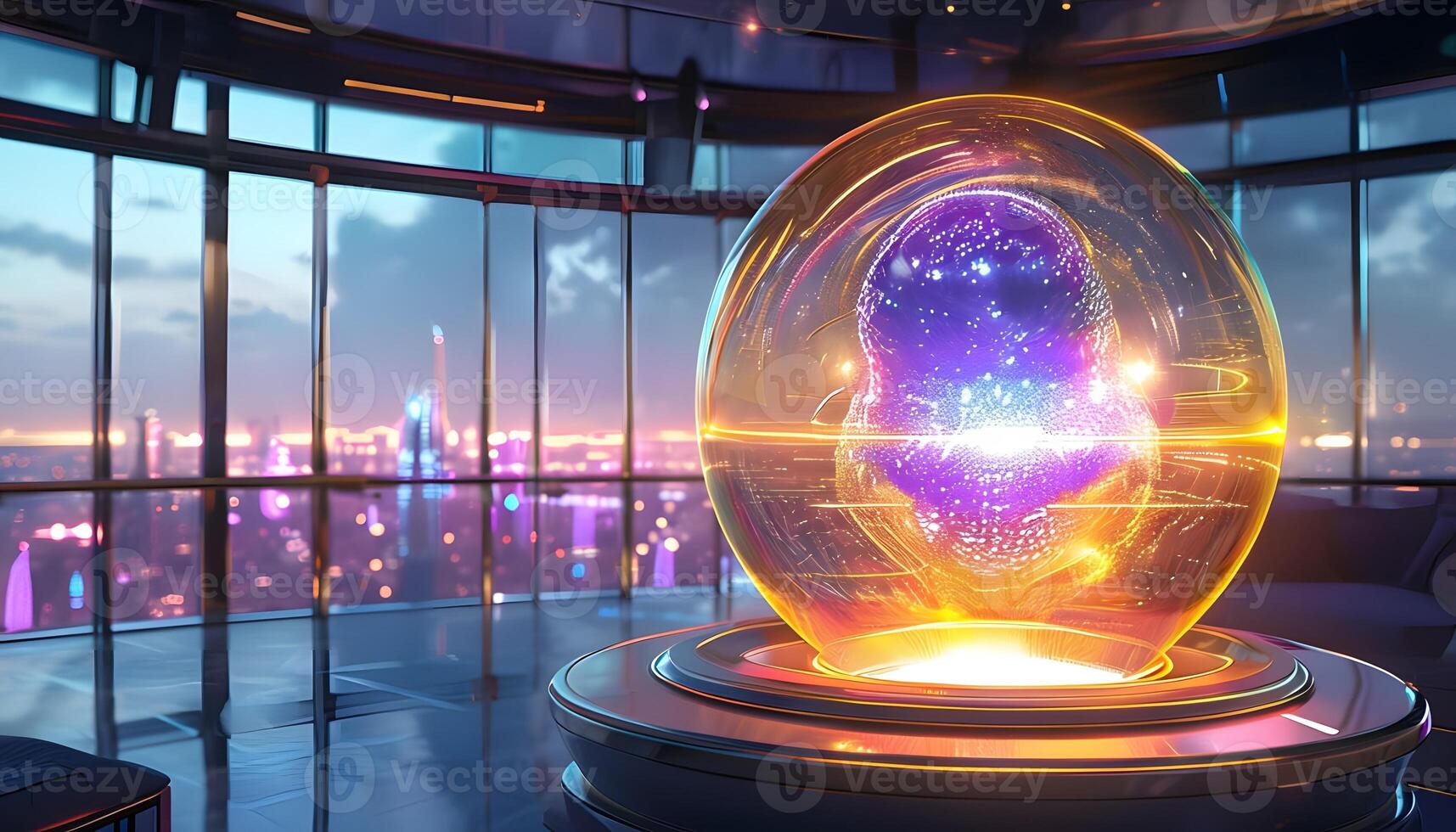 A futuristic looking glass sphere with a glowing purple light photo