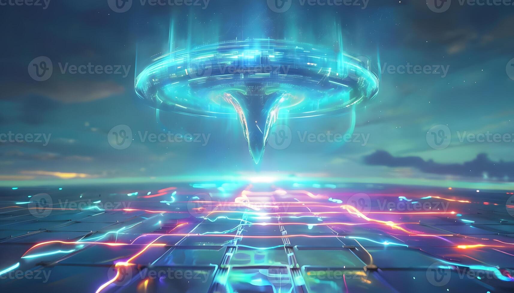 An alien spaceship flying over a city photo