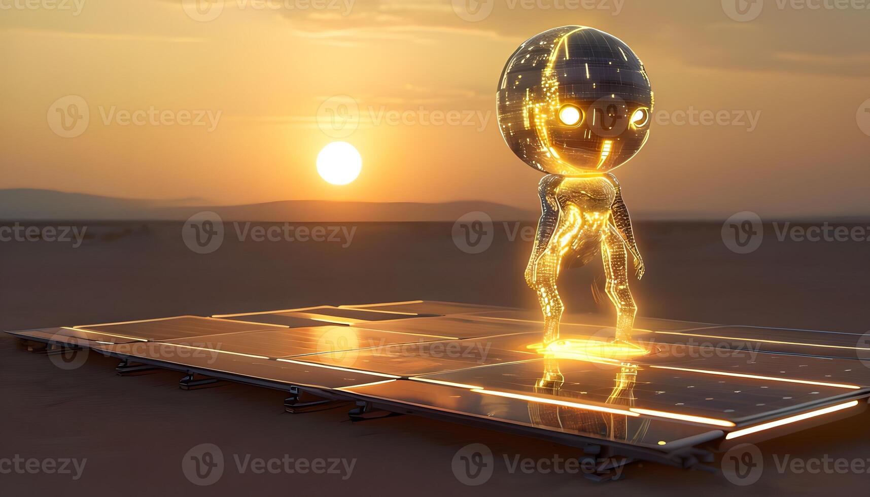 An alien standing on a solar panel in the desert photo