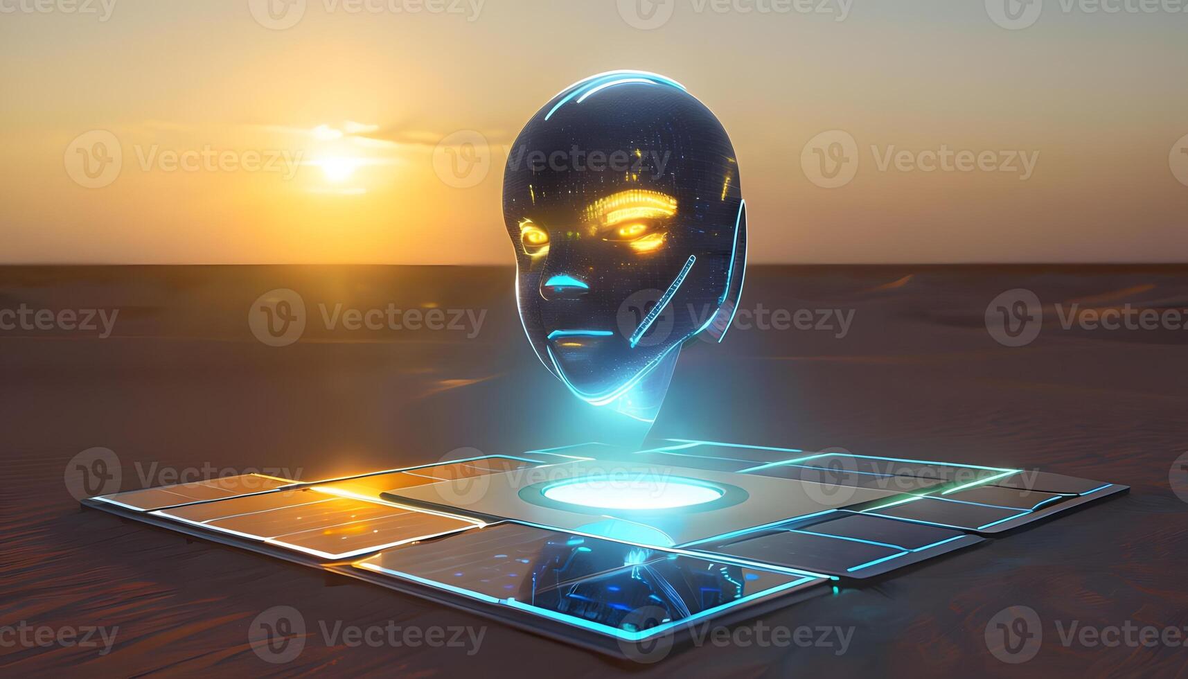 A futuristic robot head in the desert photo