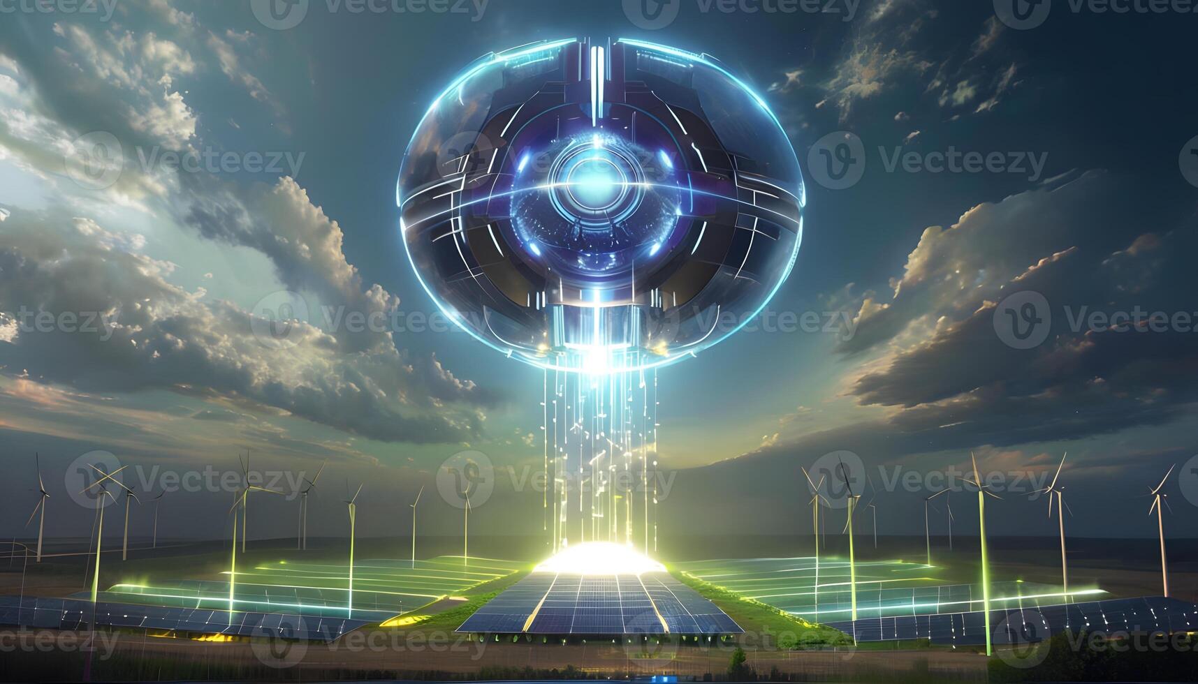 A futuristic spaceship flying over wind turbines photo