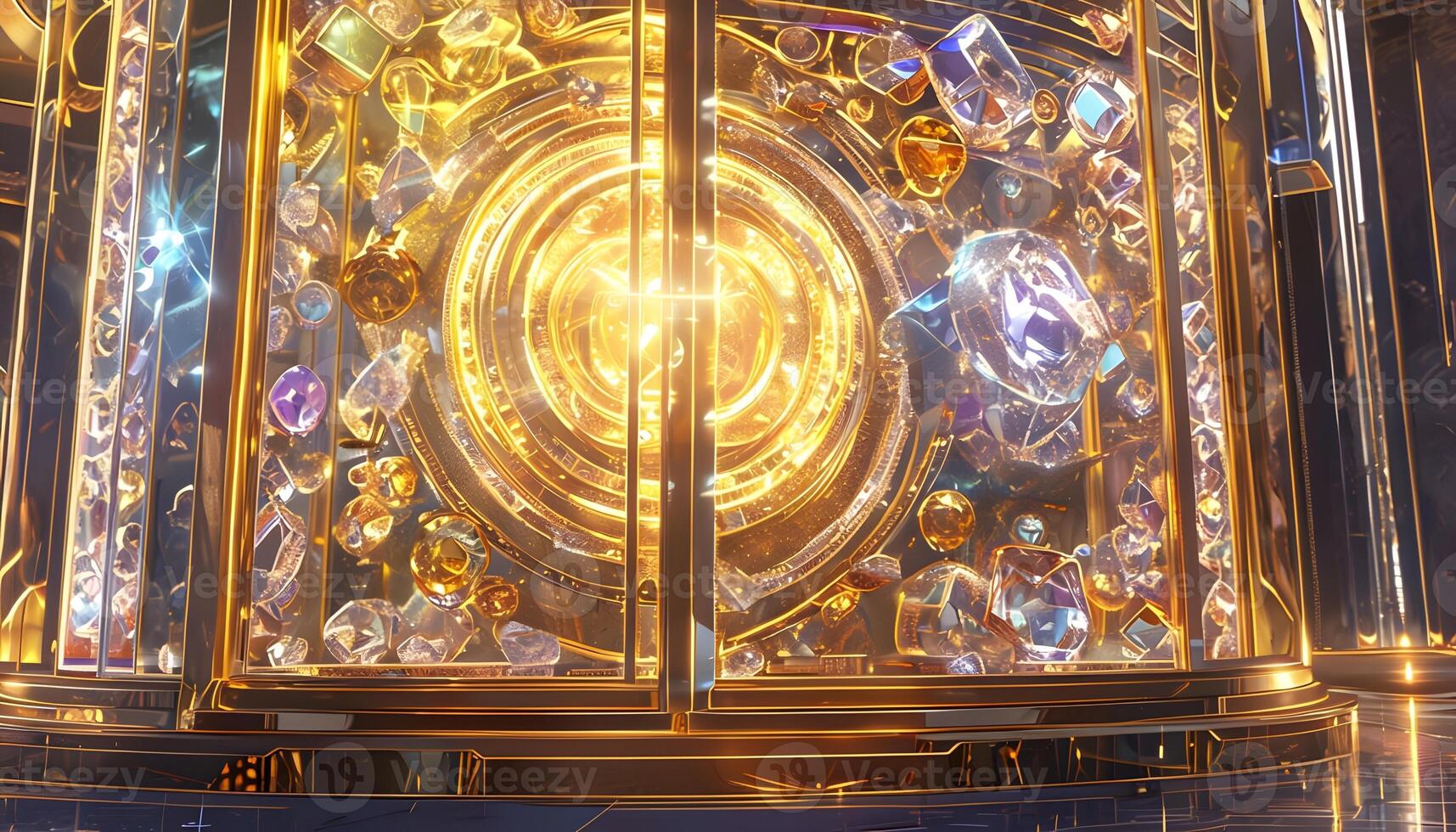 A large golden clock with many crystals inside photo