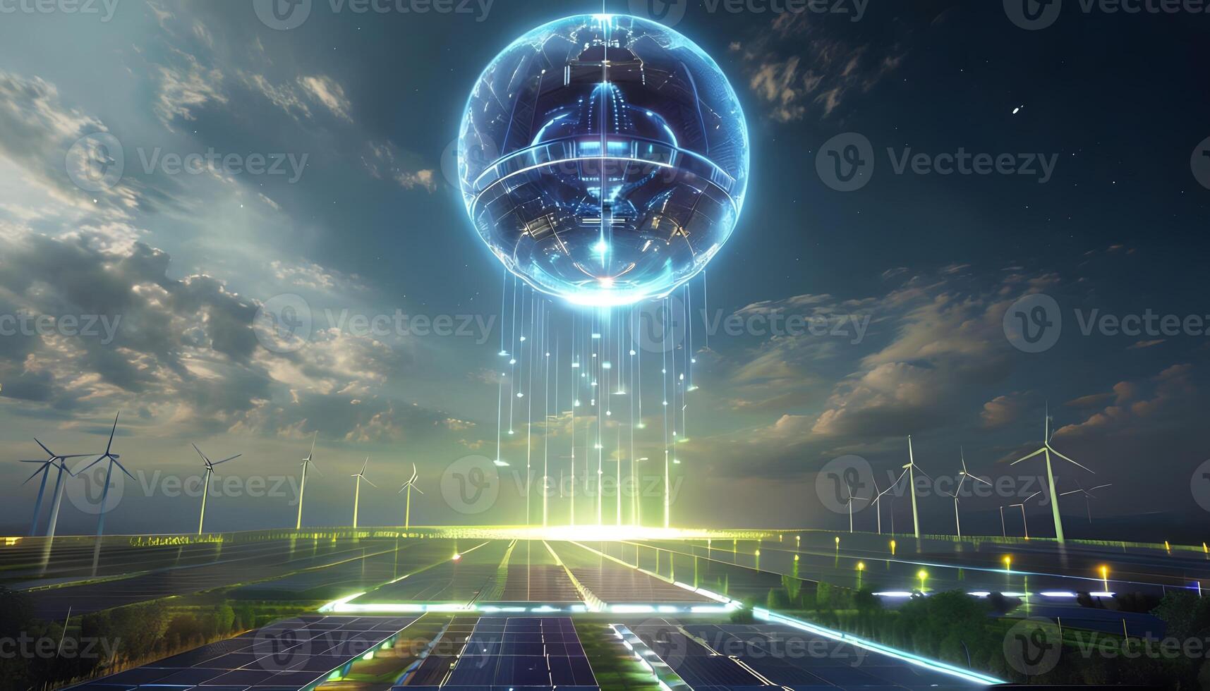 An alien spaceship flying over a field of wind turbines photo