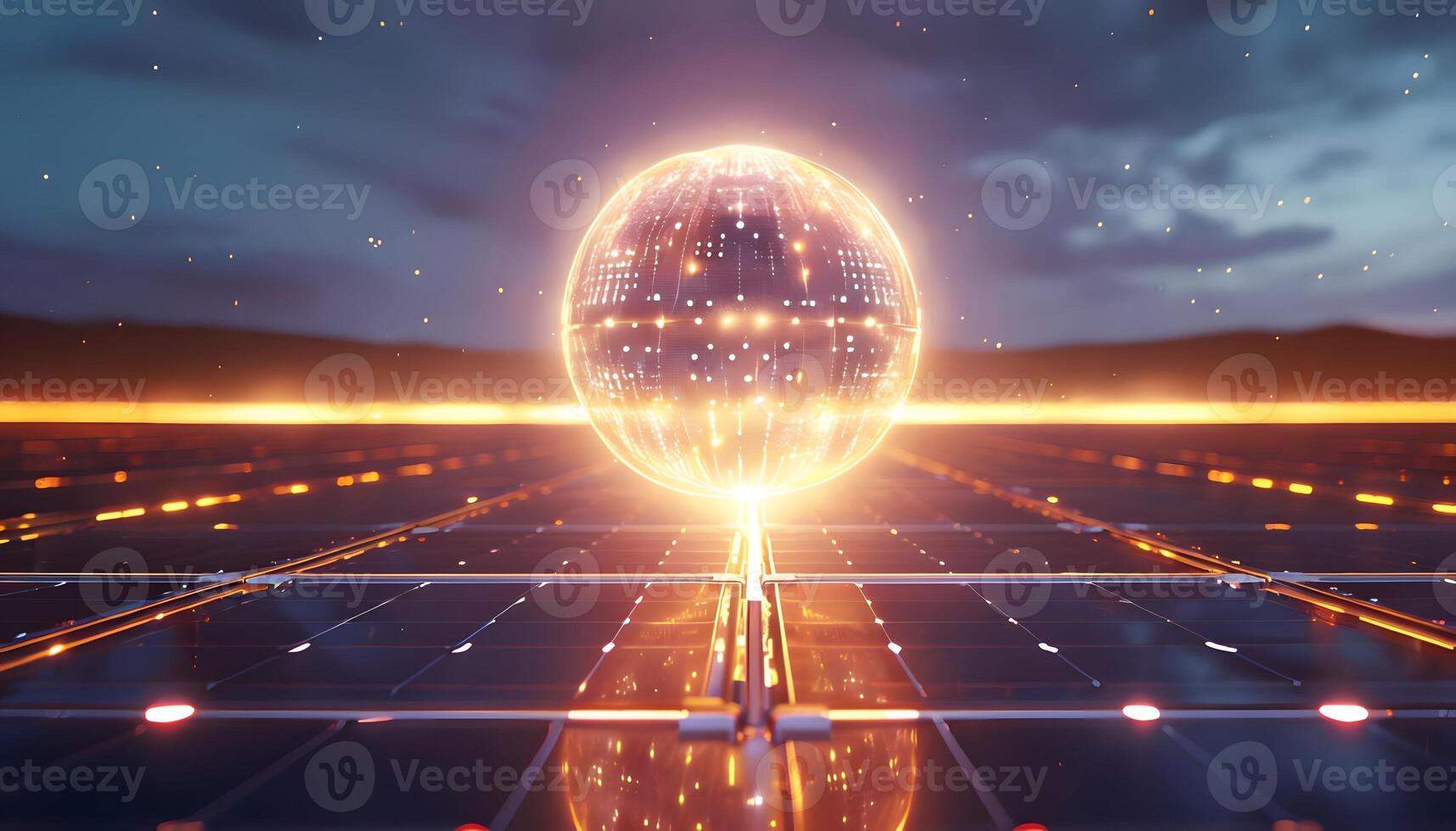 A glowing sphere is shown on a solar panel photo