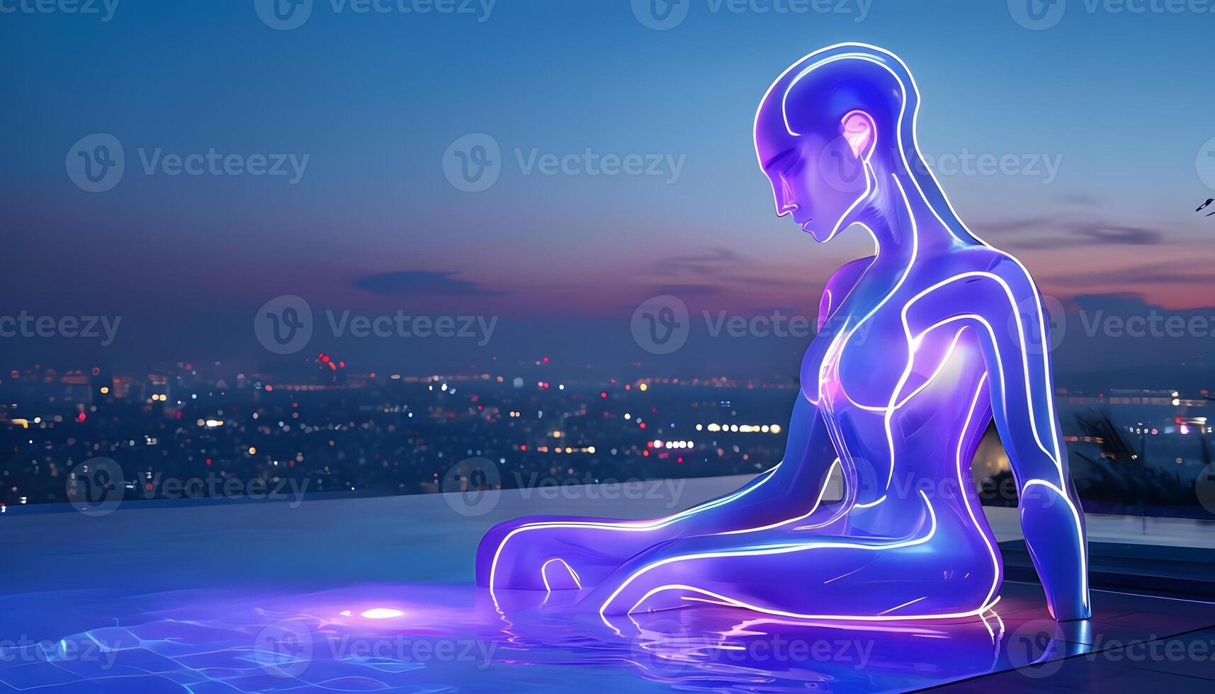 A glowing woman sitting in a pool with a city view photo
