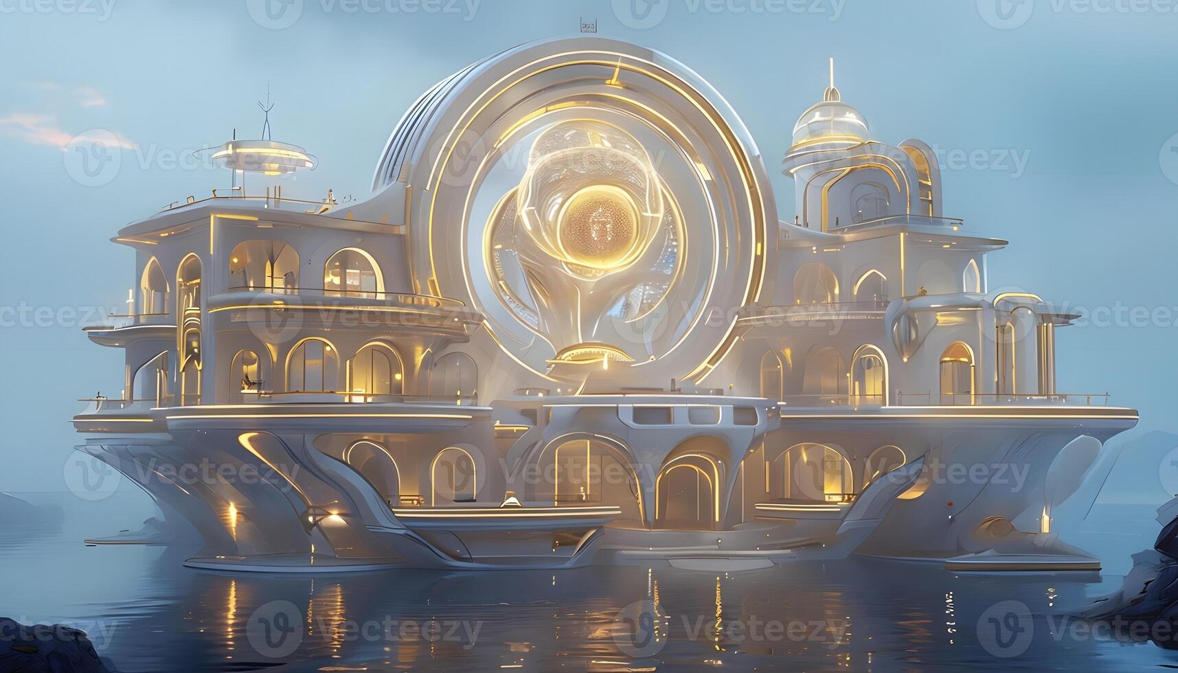 A futuristic building with a clock on top photo