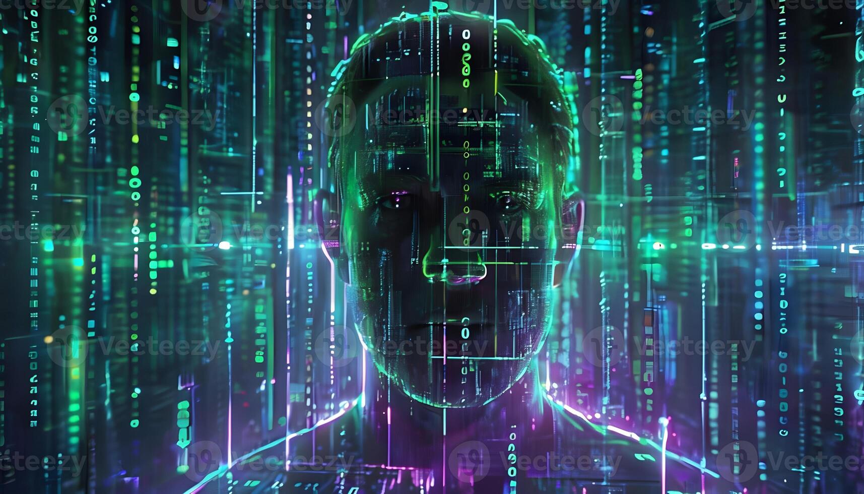 A man with a computer screen in front of him photo