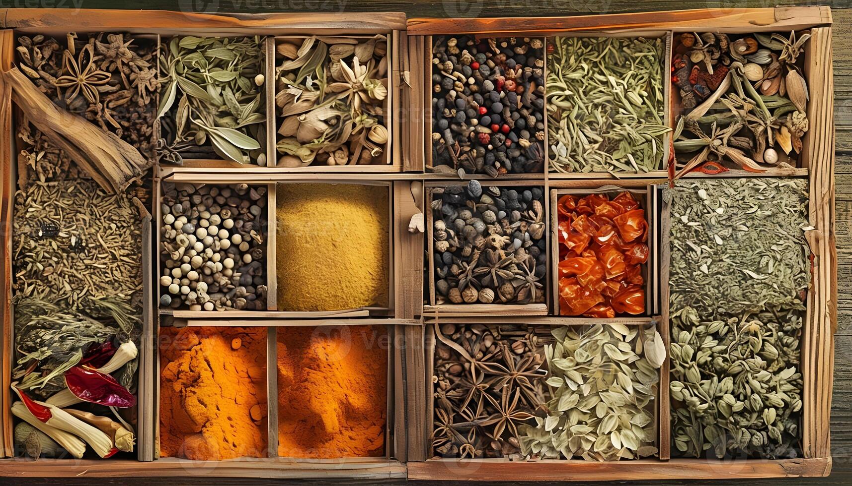 A wooden box filled with various spices and herbs photo