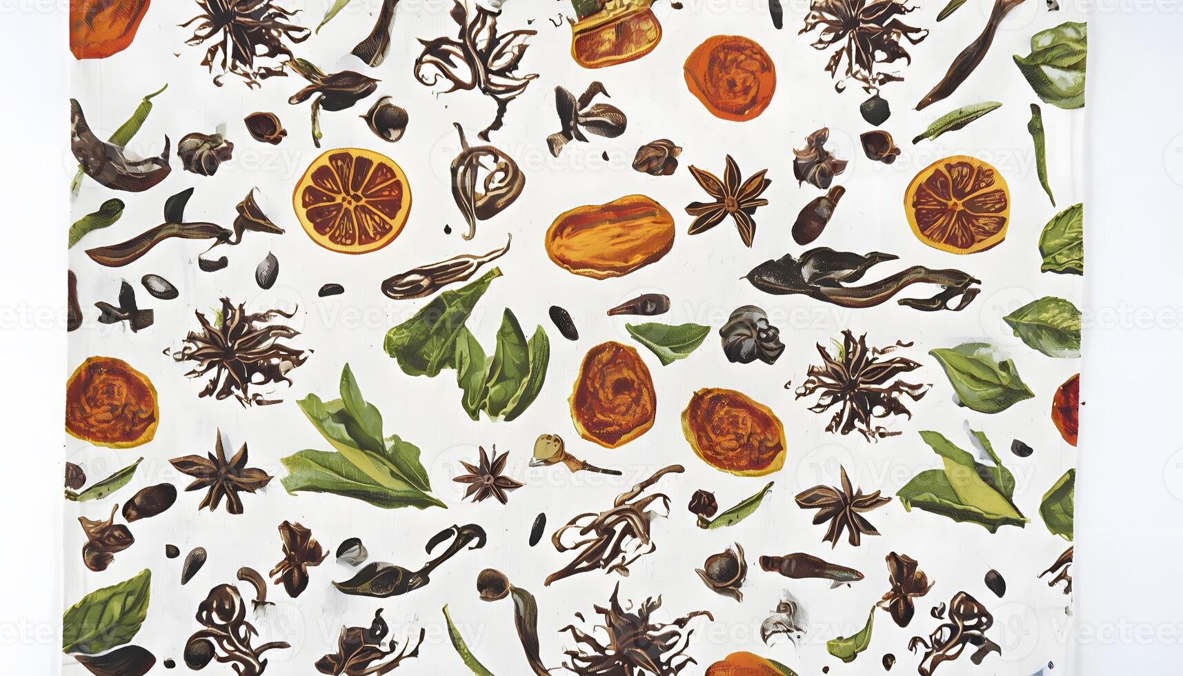 A white towel with oranges and herbs on it photo