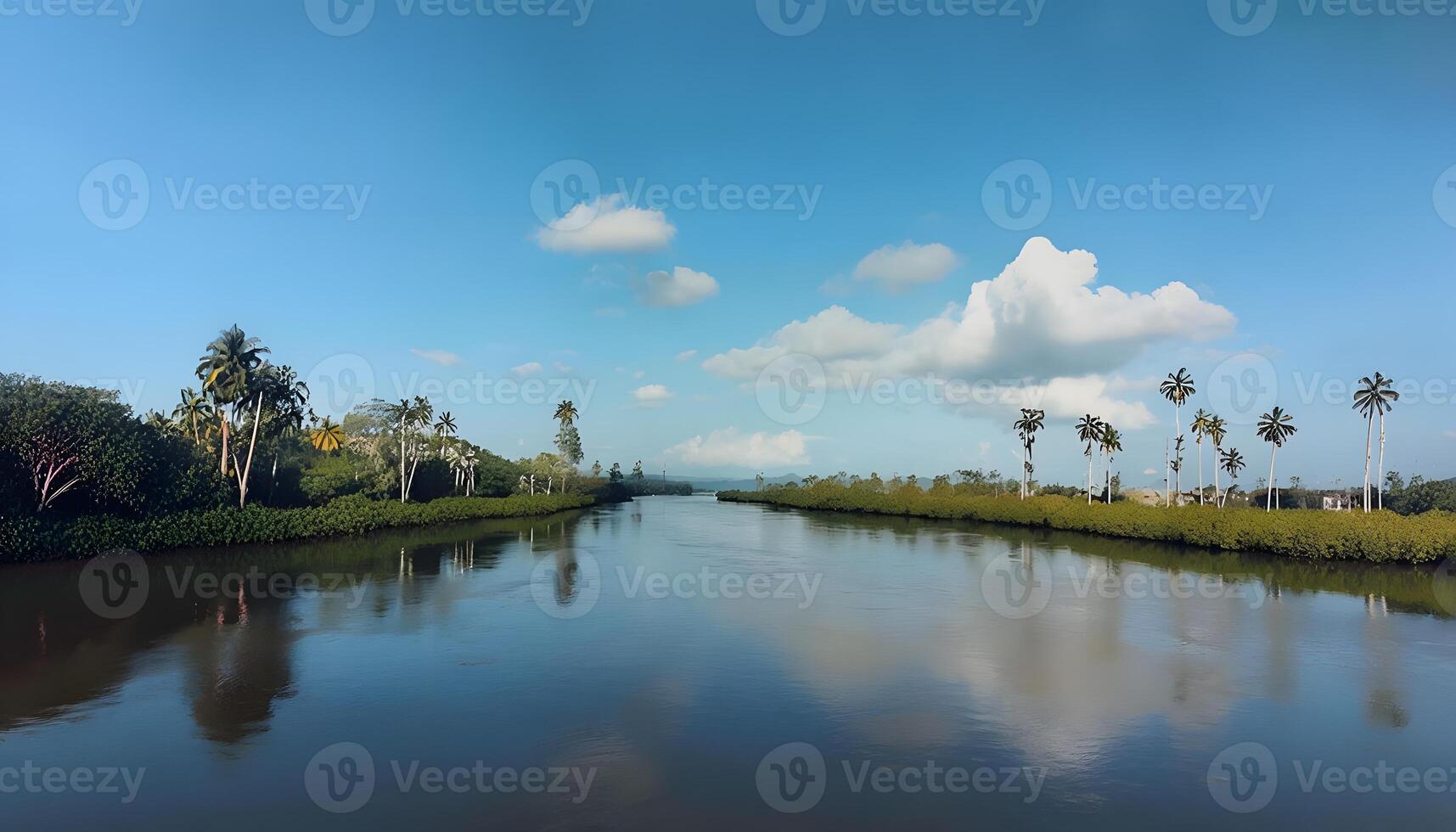 A river with trees and clouds in the background photo