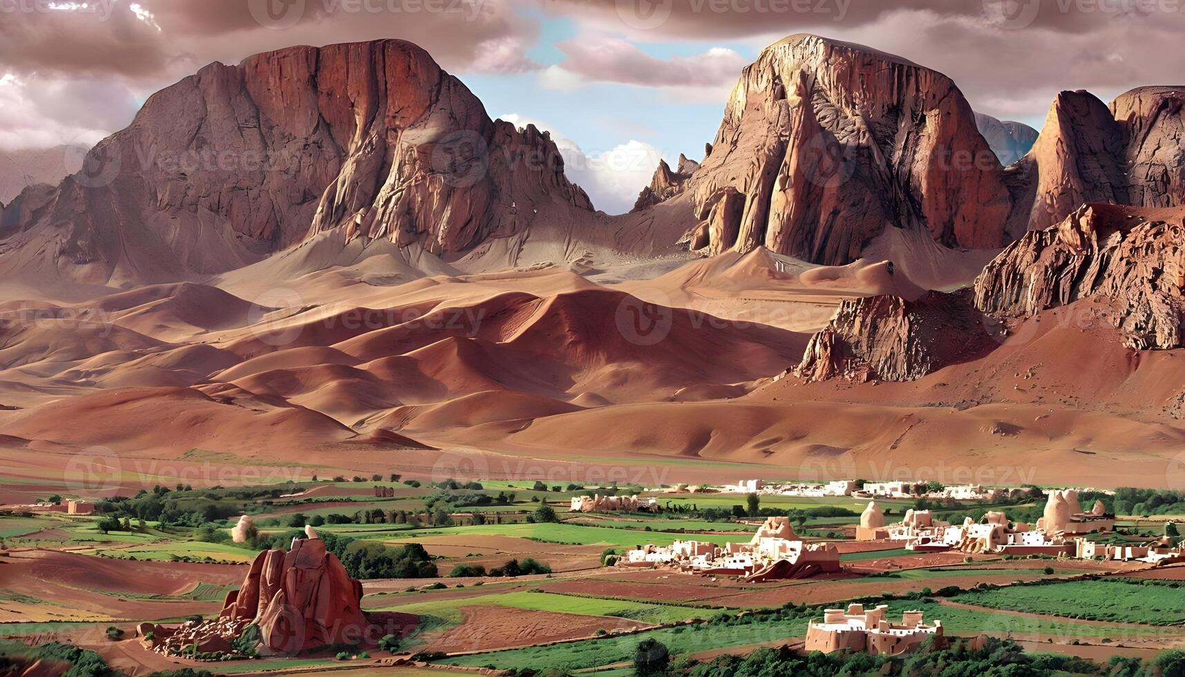 A desert landscape with mountains and a village photo