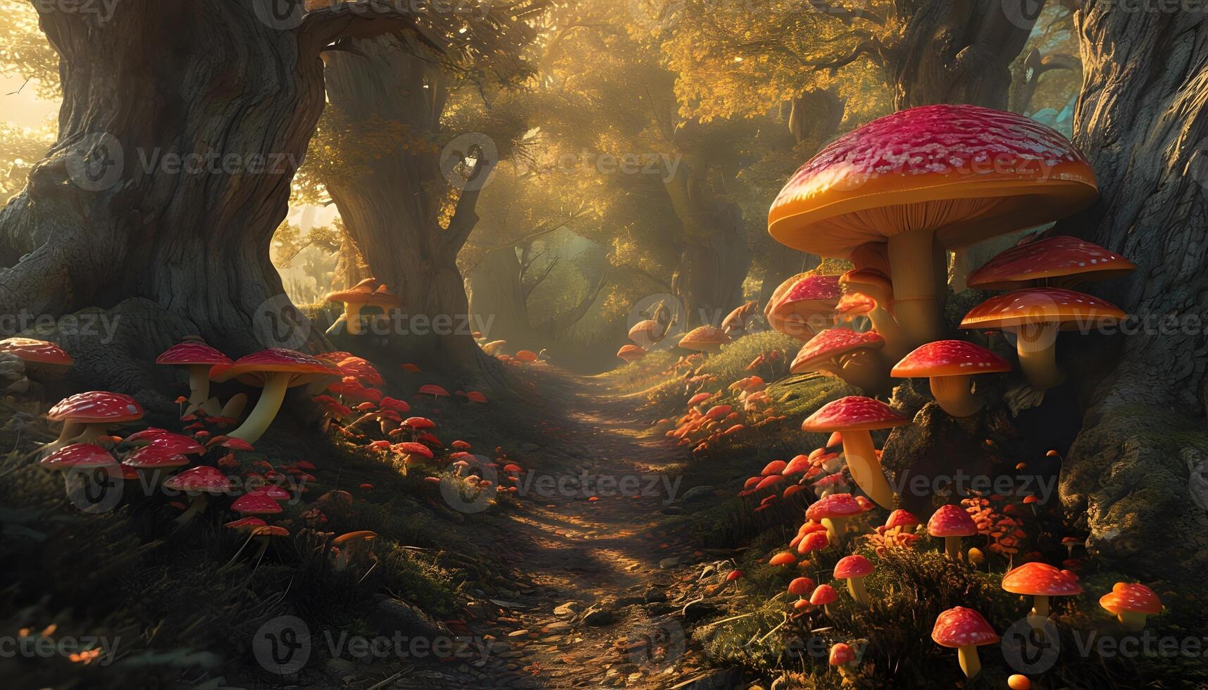 A path through a forest with mushrooms growing on the trees photo