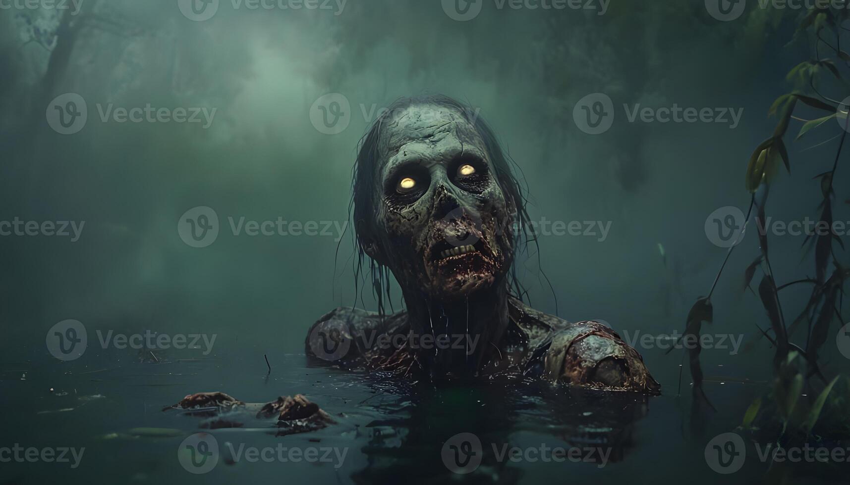 A zombie in the water with glowing eyes photo
