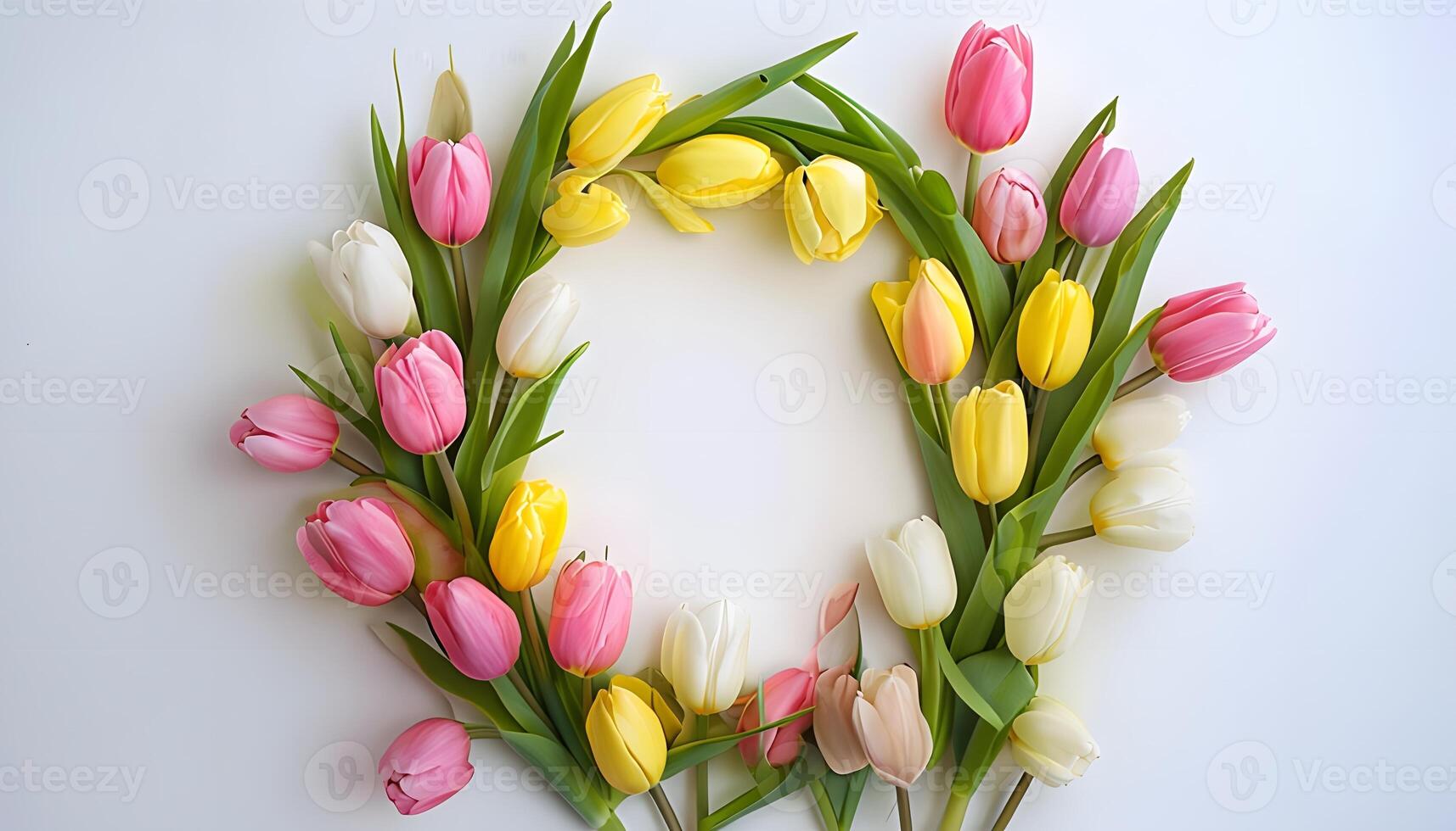 A wreath of pink and yellow tulips is arranged in the shape of a letter o photo
