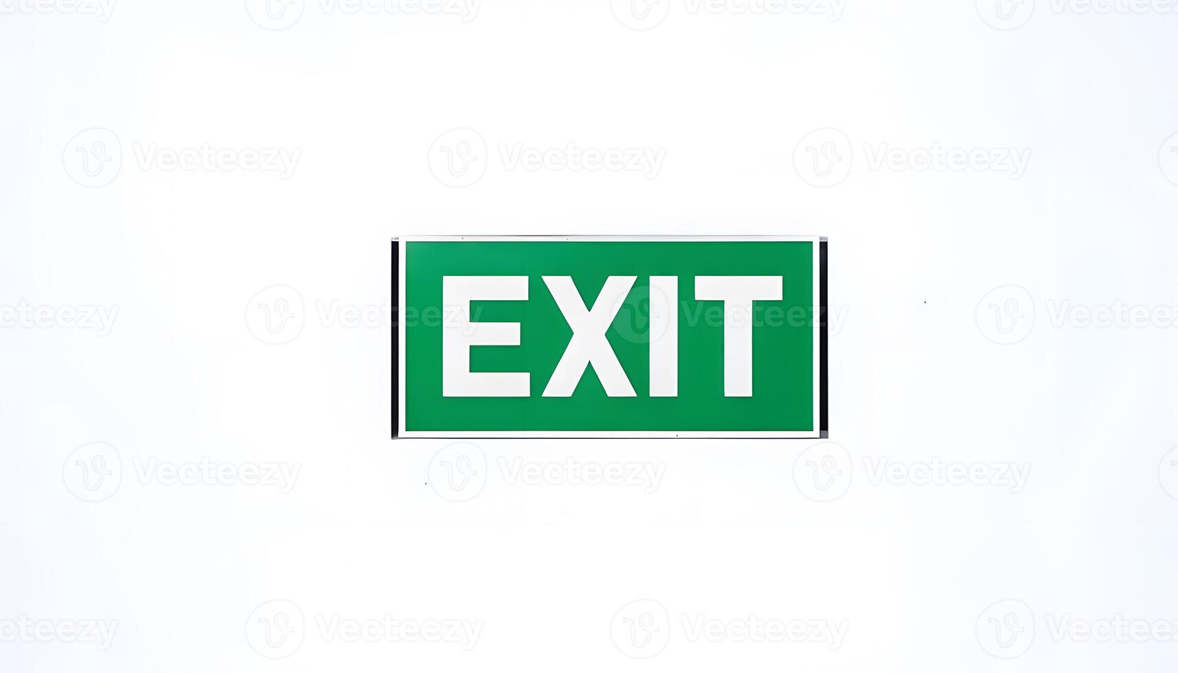 A green exit sign on a white background photo