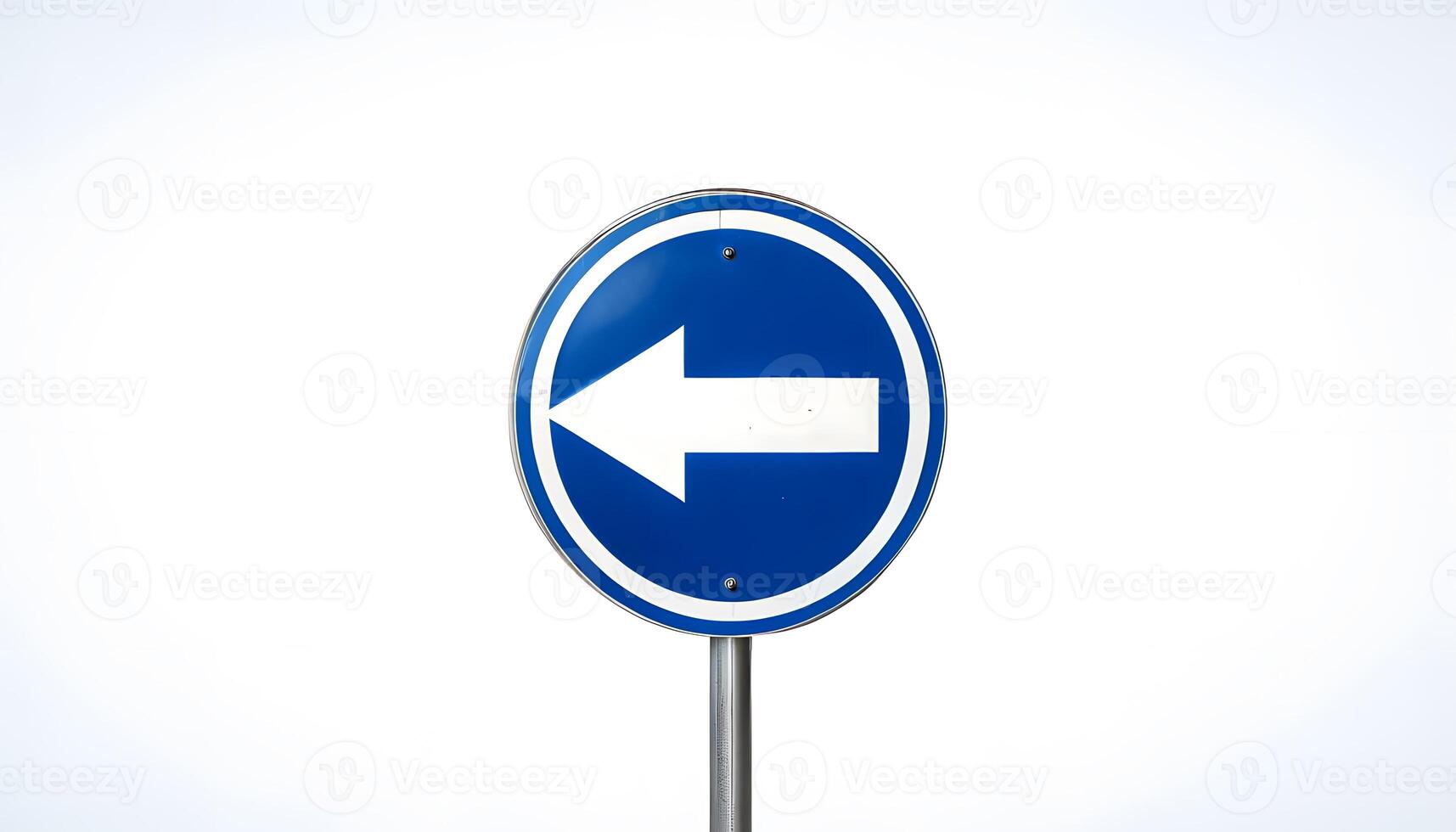 A blue and white road sign with an arrow pointing in the direction of the right photo