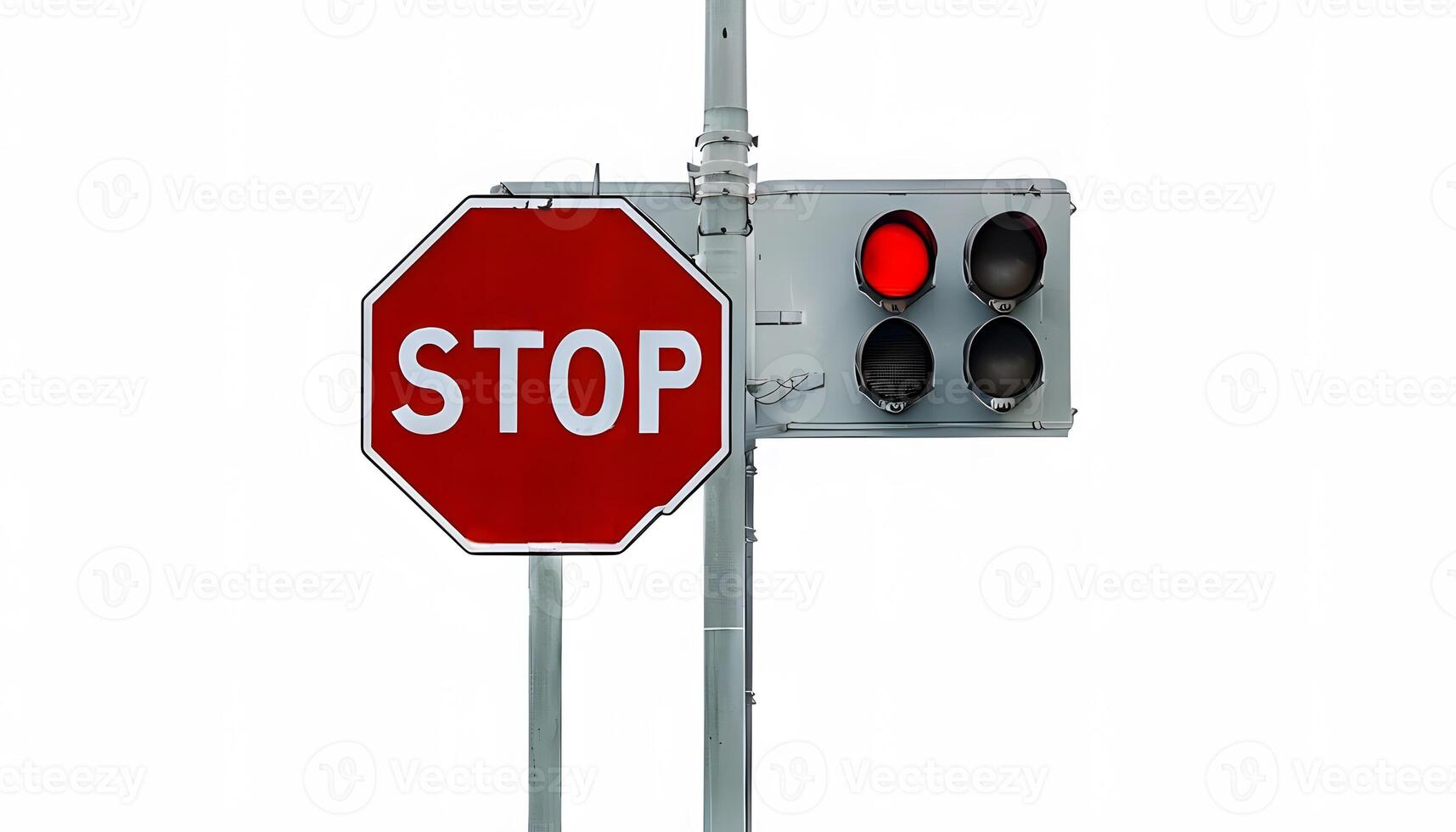 A stop sign and traffic light on a white background photo