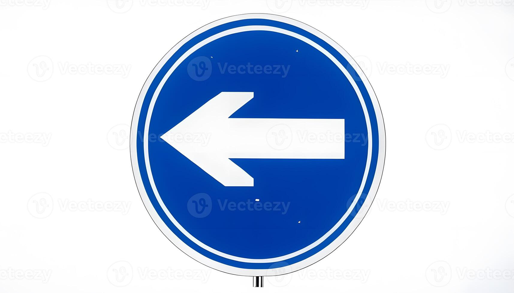 A blue and white road sign with an arrow pointing in the direction of the right photo