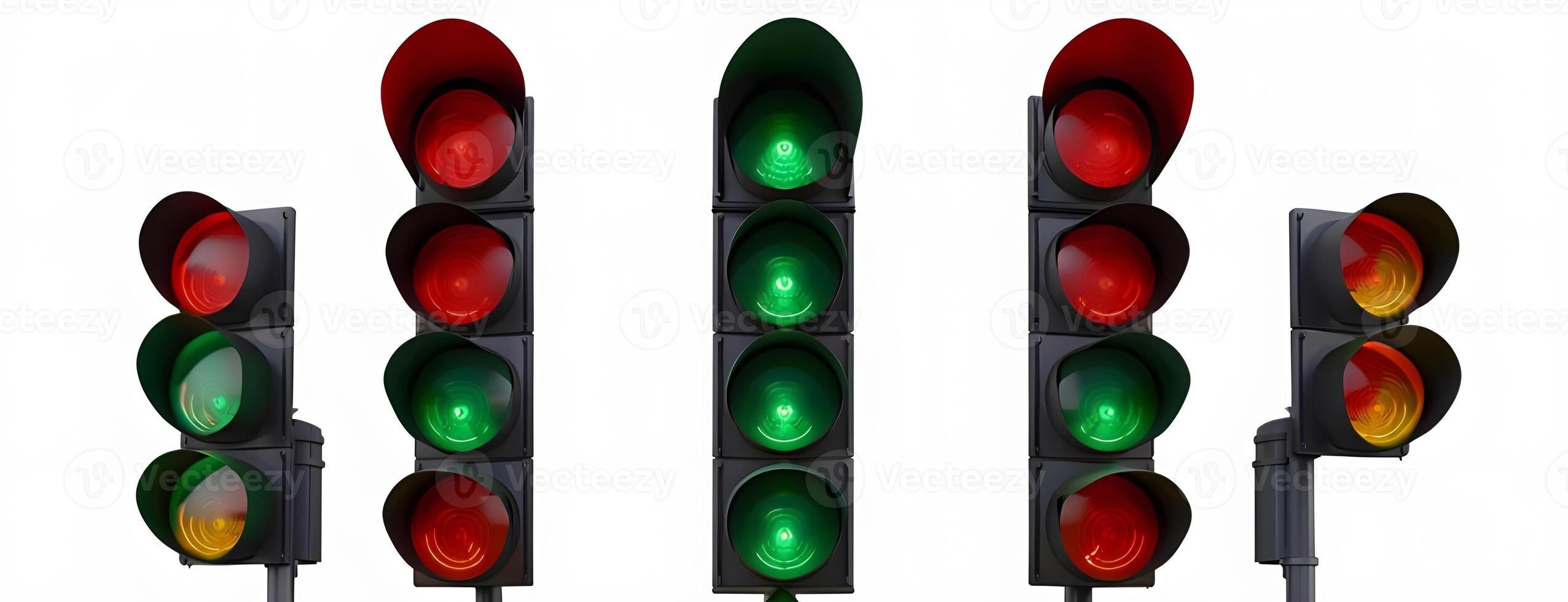 A group of traffic lights with red, green and yellow lights photo