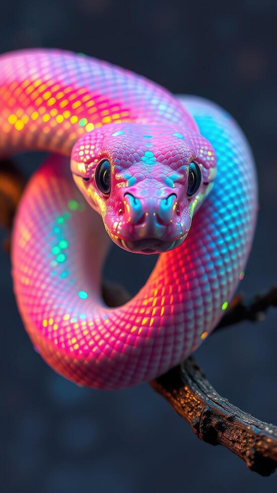 A snake with colorful eyes and a pink and blue color photo