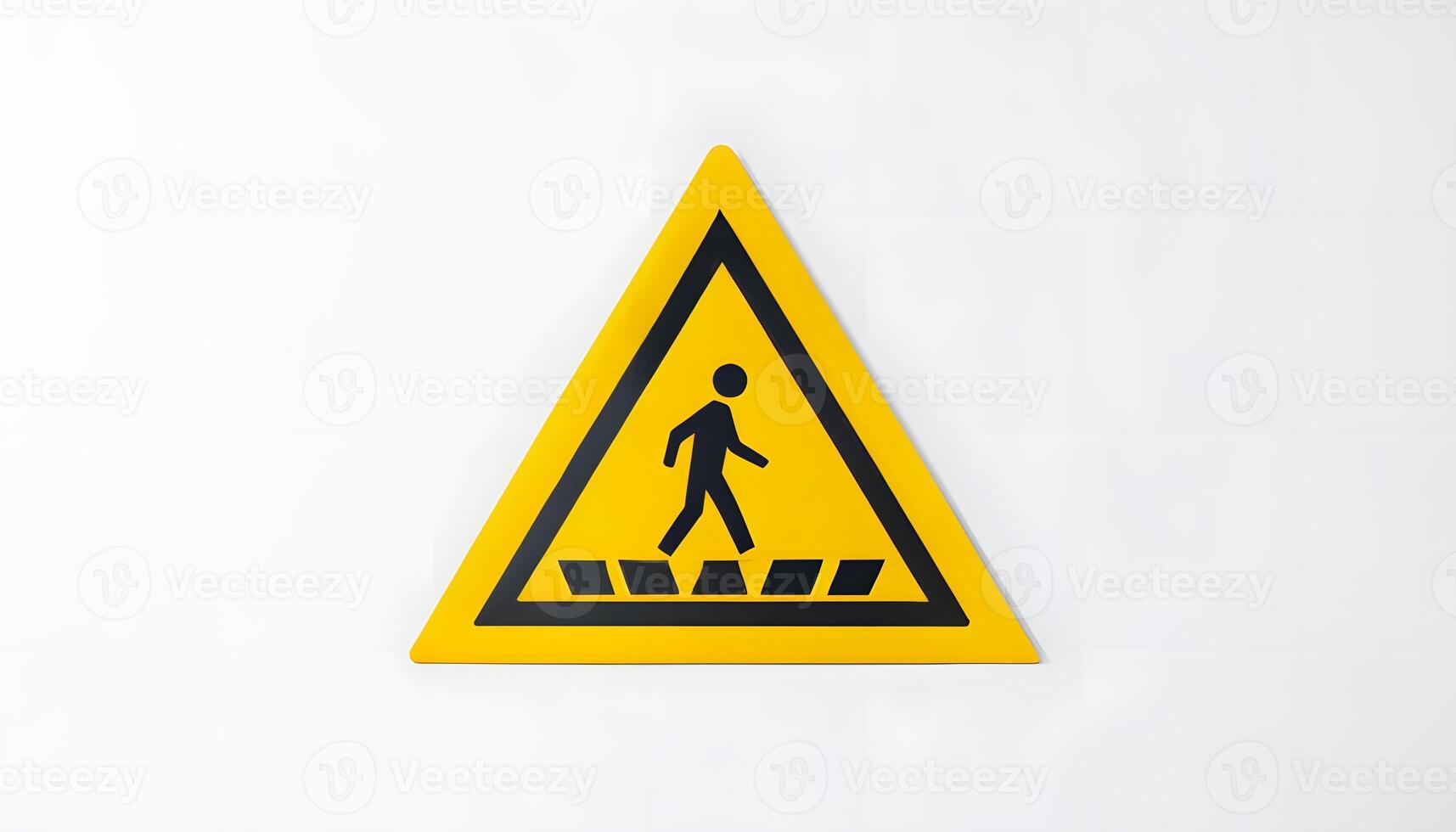 A yellow warning sign with a man walking across the road photo