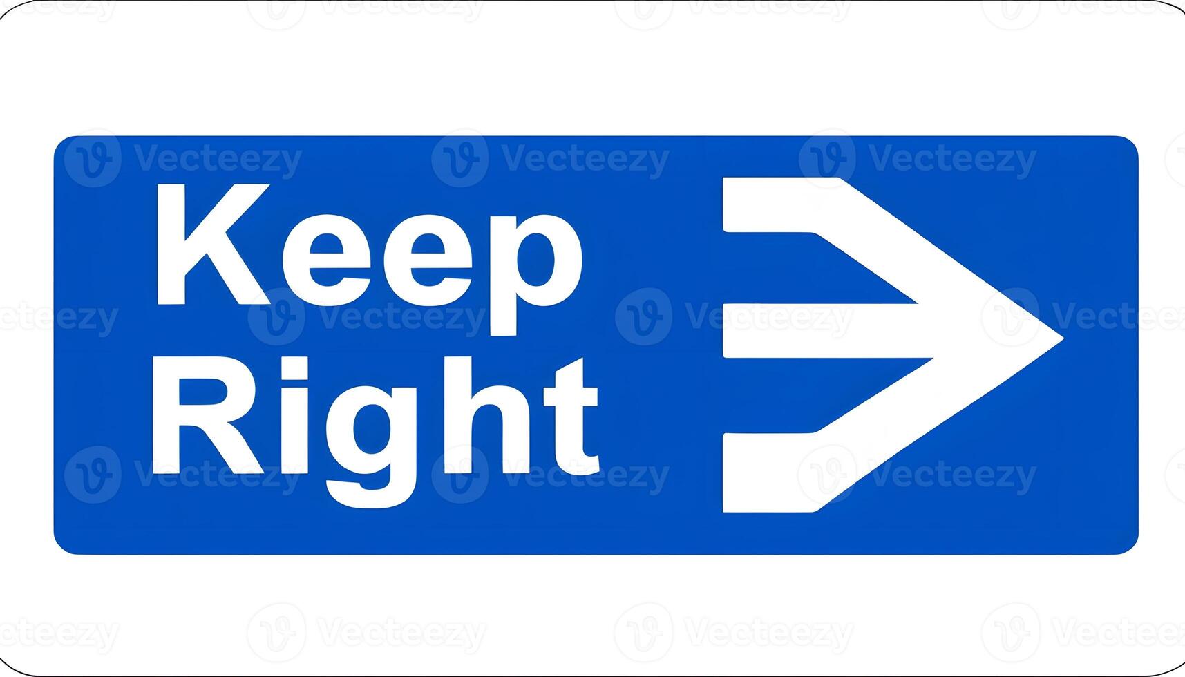 A blue and white keep right sign with an arrow pointing right photo