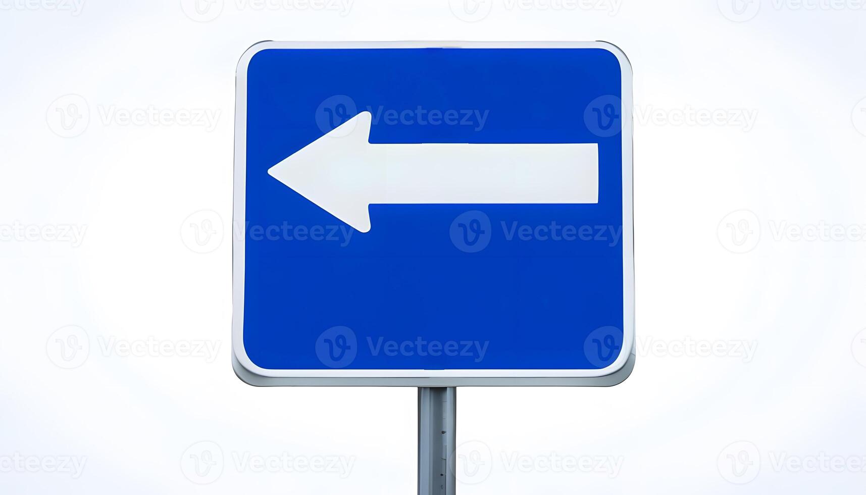 A blue and white road sign with an arrow pointing in the direction of the right photo