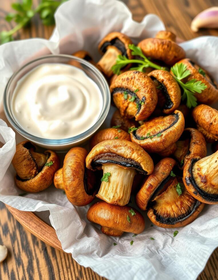 Mushrooms with garlic and parsley in a bowl with a dip photo