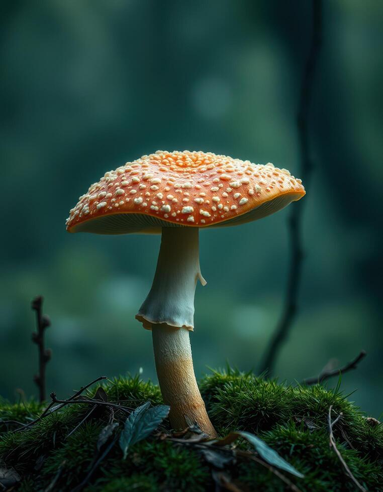 A mushroom is sitting on top of a moss covered ground photo