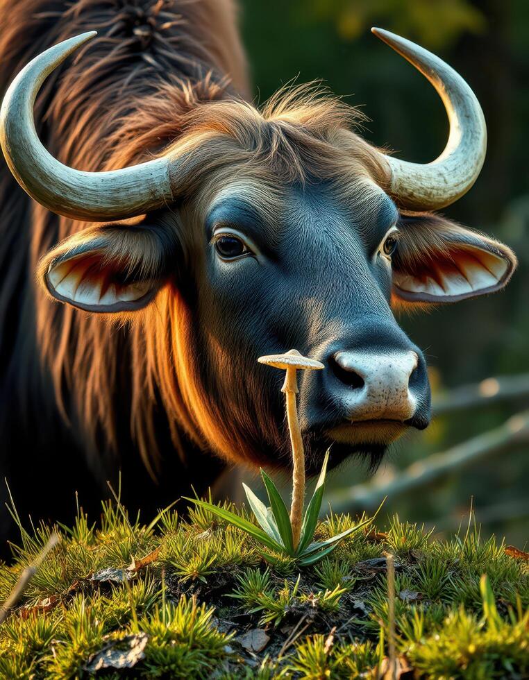A bull with horns standing in a field photo