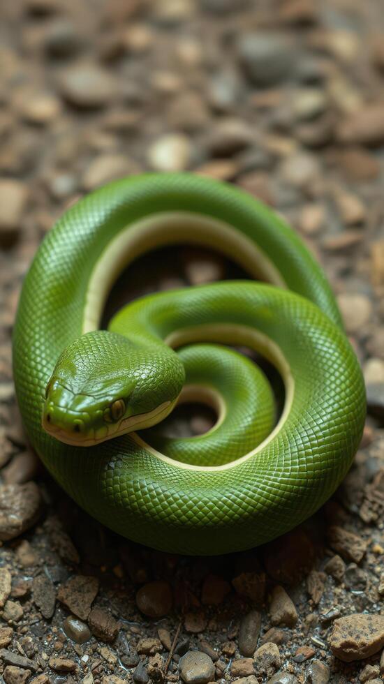 A green snake with a white stripe on its head photo