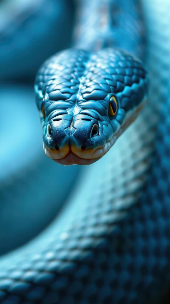 A close up of a blue snake with its head turned to the side photo